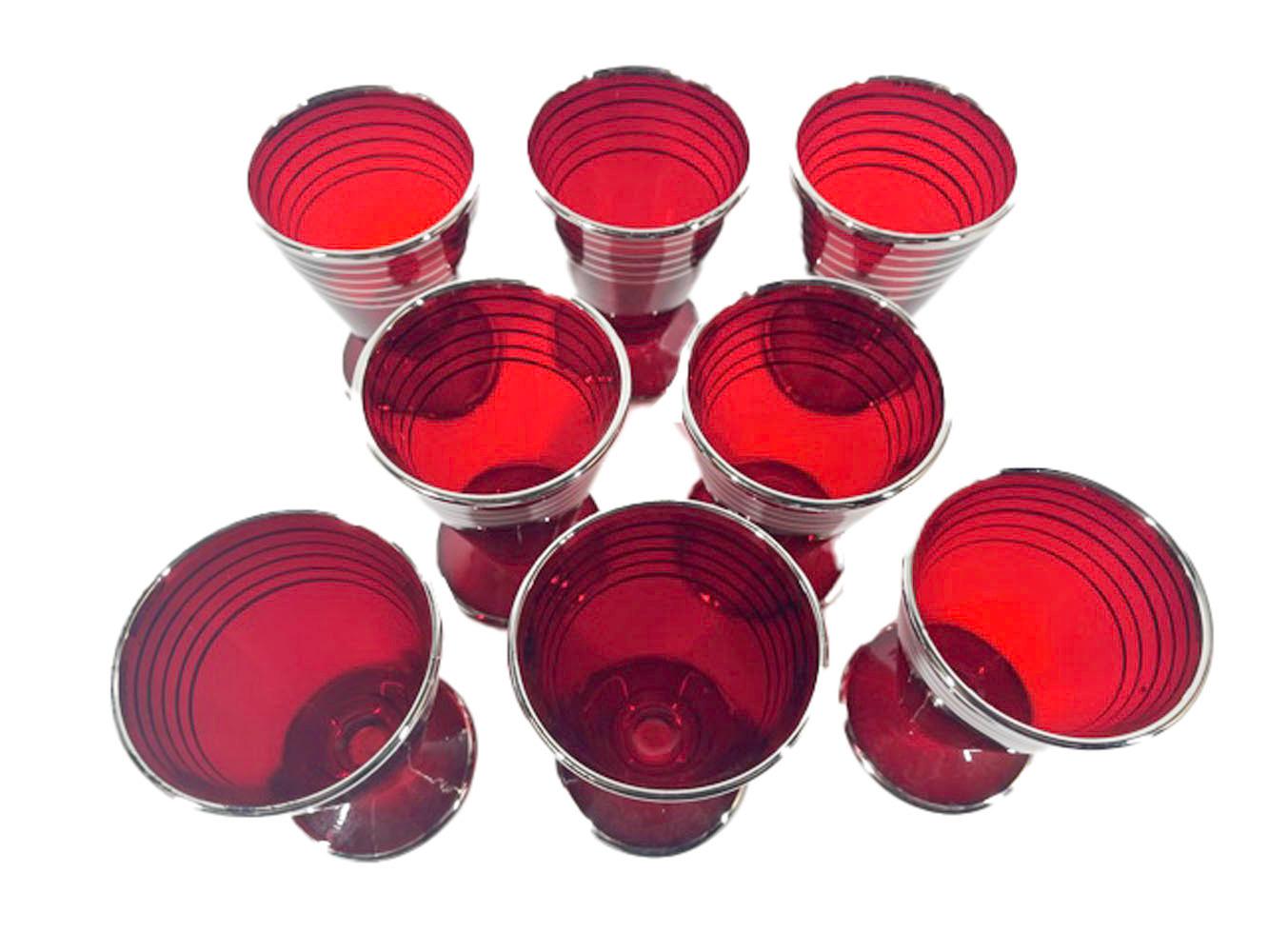 Art Deco Paden City Glass Ruby Red Cocktail Shaker Set with Silver Bands 5