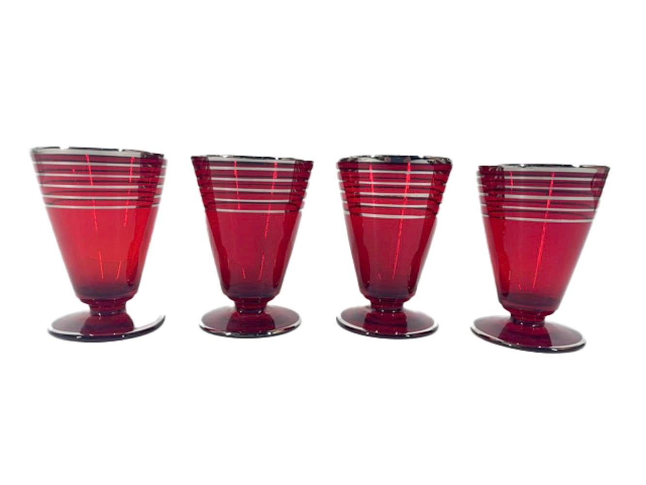 Art Deco Paden City Glass Ruby Red Cocktail Shaker Set with Silver Bands 8