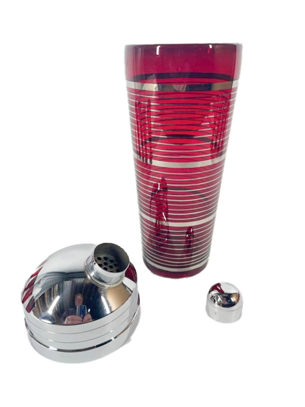 Art Deco Paden City Glass Ruby Red Cocktail Shaker Set with Silver Bands In Good Condition In Nantucket, MA