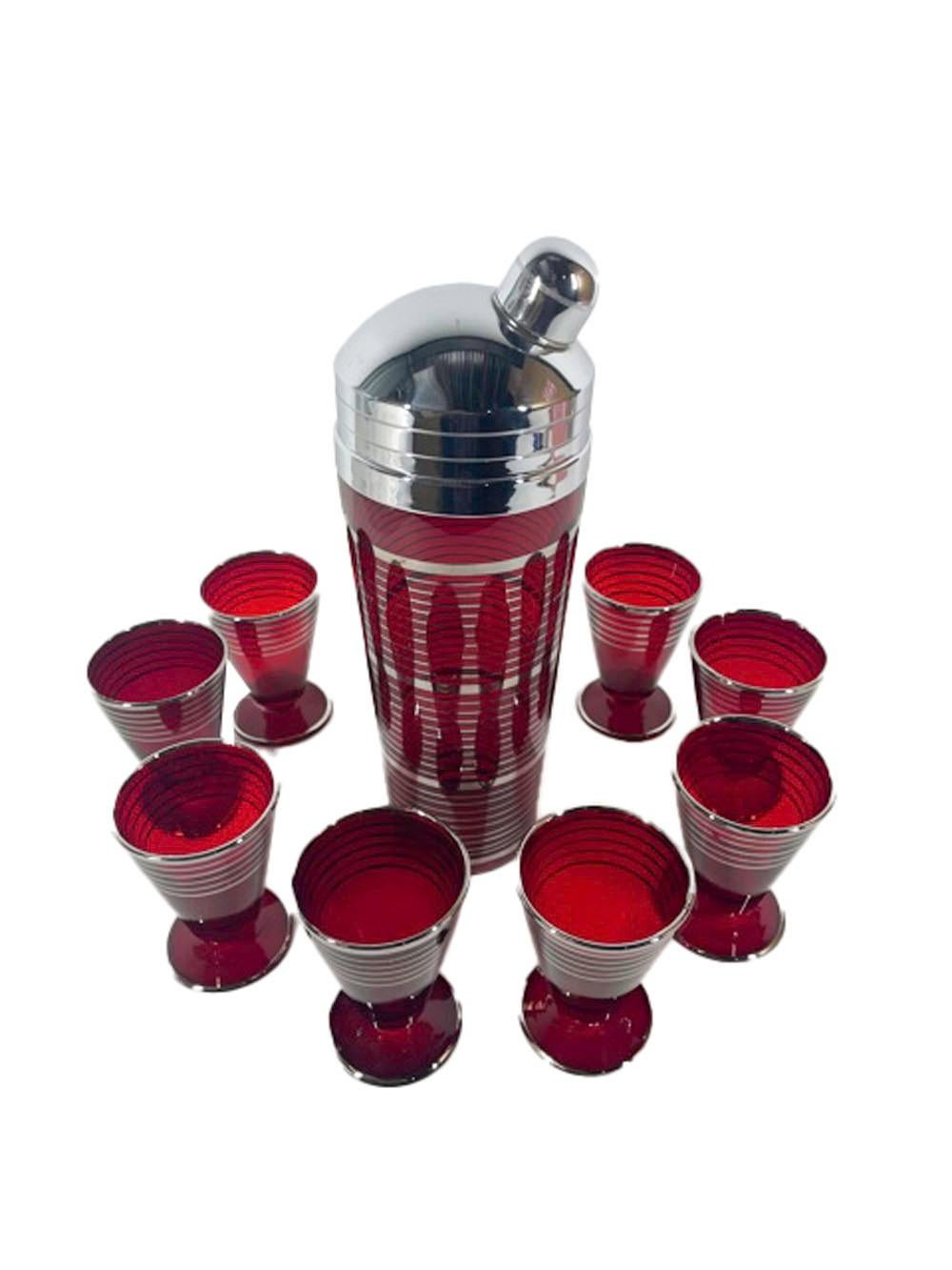 Art Deco Paden City Glass Ruby Red Cocktail Shaker Set with Silver Bands 1