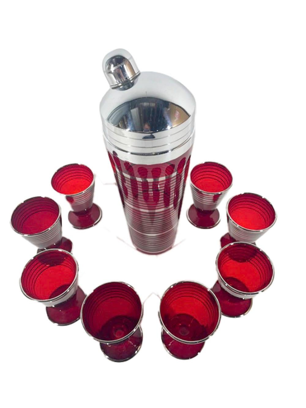 Art Deco Paden City Glass Ruby Red Cocktail Shaker Set with Silver Bands 2