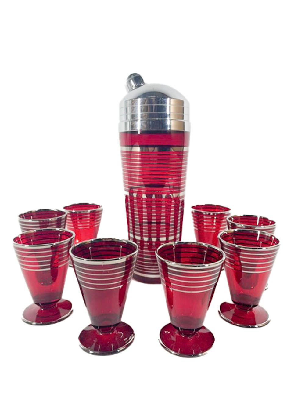 Art Deco Paden City Glass Ruby Red Cocktail Shaker Set with Silver Bands 3