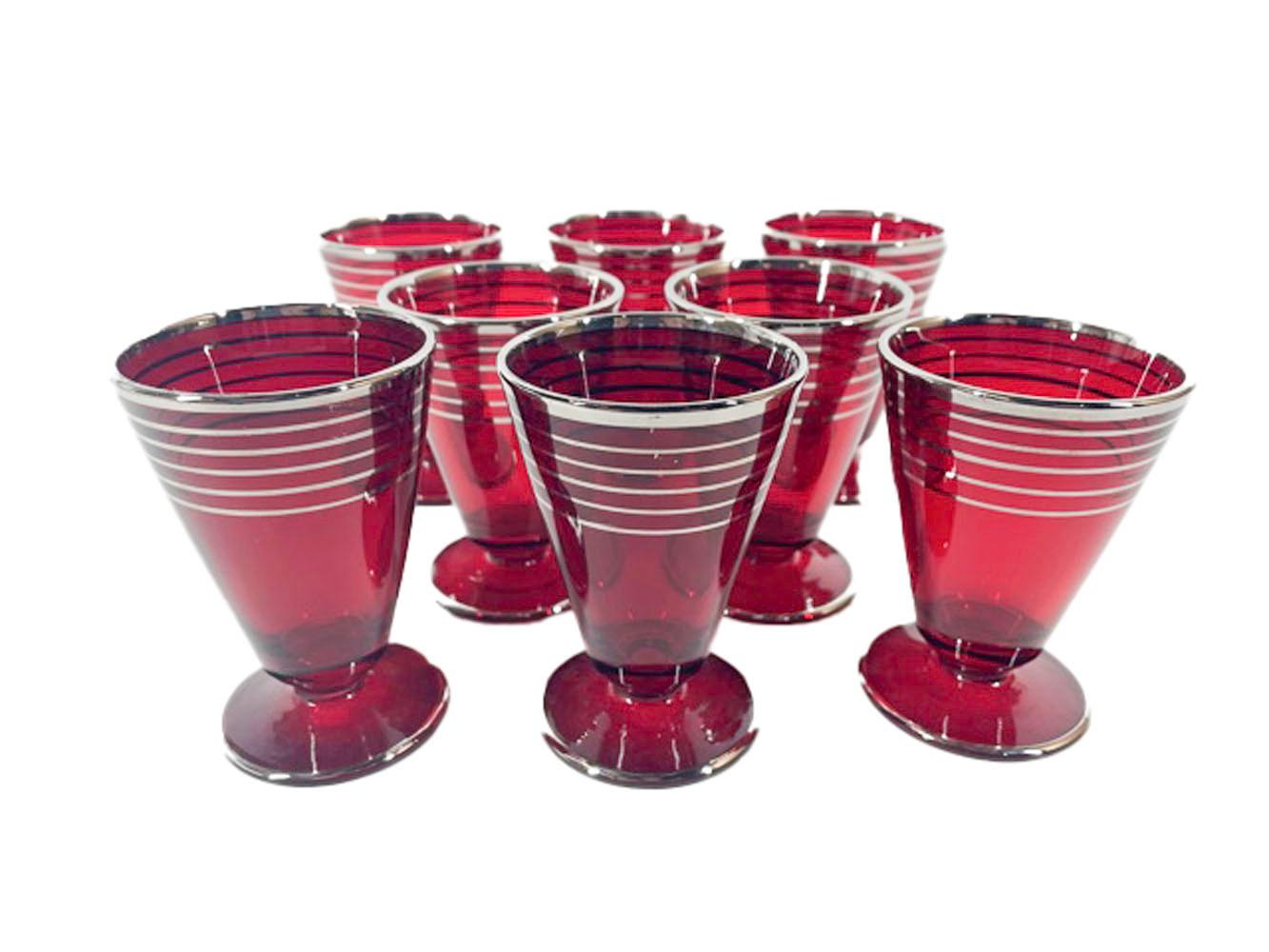 Art Deco Paden City Glass Ruby Red Cocktail Shaker Set with Silver Bands 4