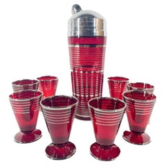 Art Deco Paden City Glass Ruby Red Cocktail Shaker Set with Silver Bands