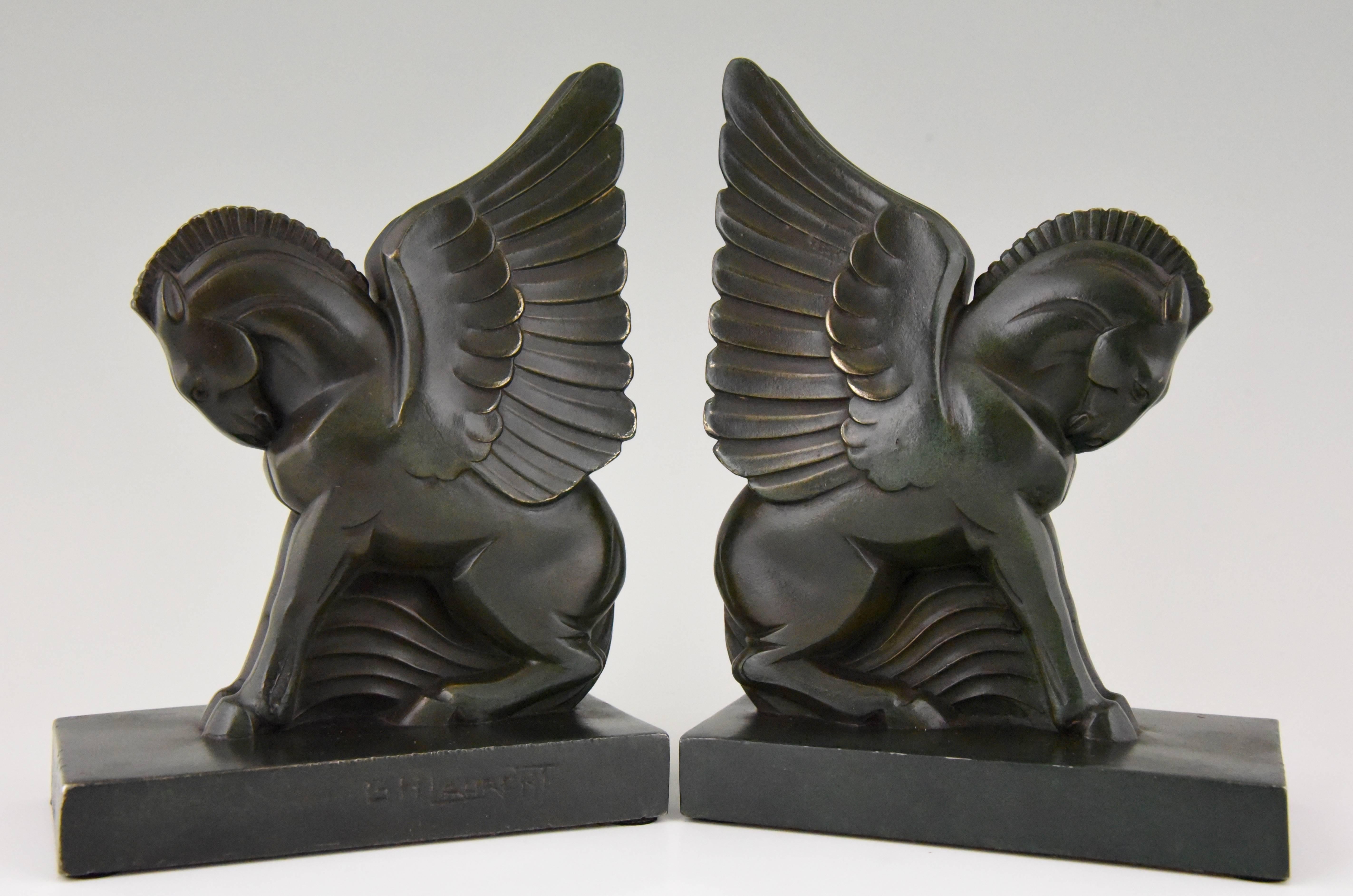 French Art Deco Pagasus Winged Horse Bookends Georges H. Laurent, France, 1930