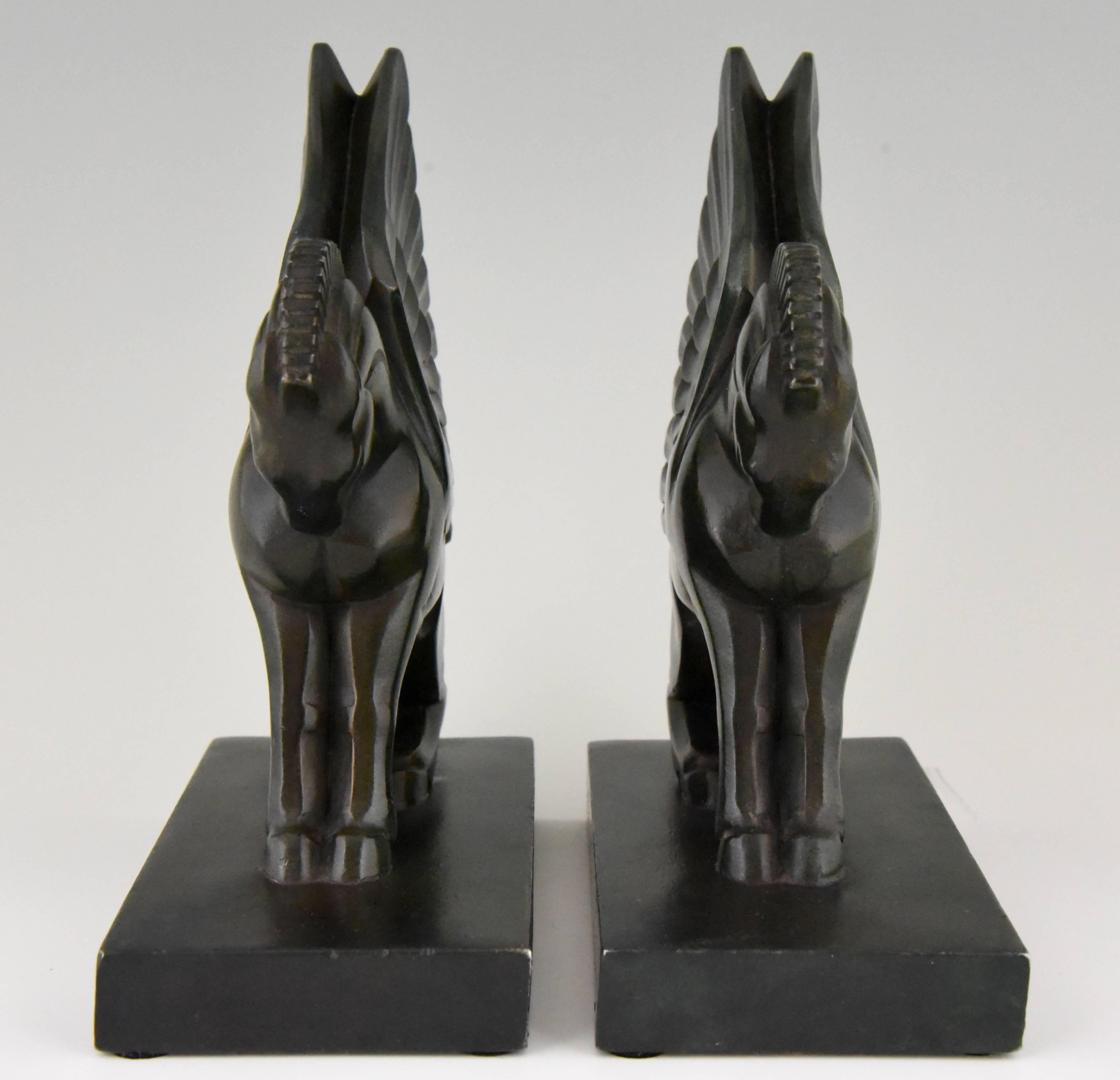 Patinated Art Deco Pagasus Winged Horse Bookends Georges H. Laurent, France, 1930
