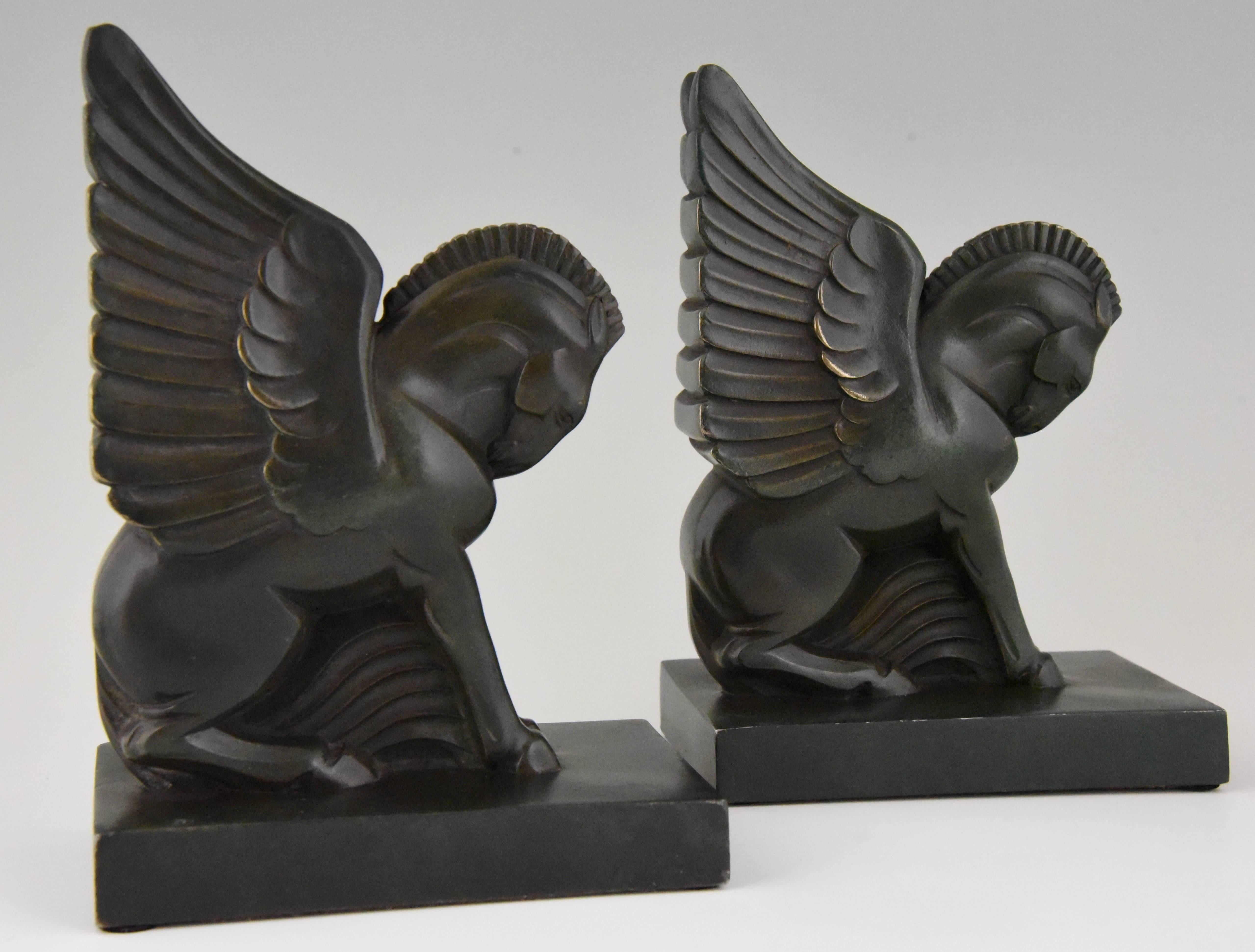 Metal Art Deco Pagasus Winged Horse Bookends Georges H. Laurent, France, 1930