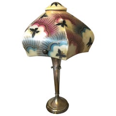 Art Deco Painted Butterflies on Opaline Glass and Metal Table Lamp, 1930s