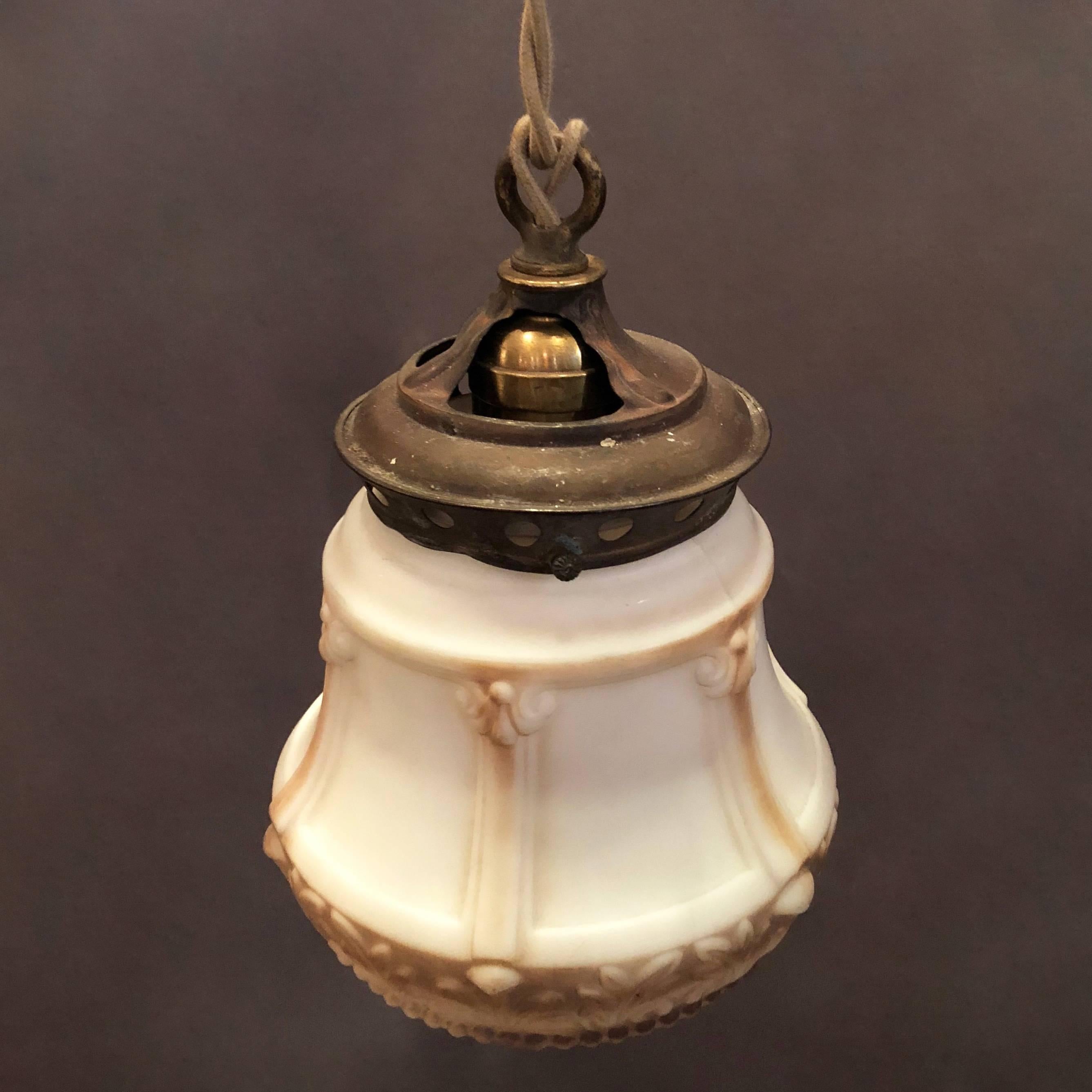 Art Deco Painted Glass and Brass Pendant Light In Excellent Condition In Brooklyn, NY