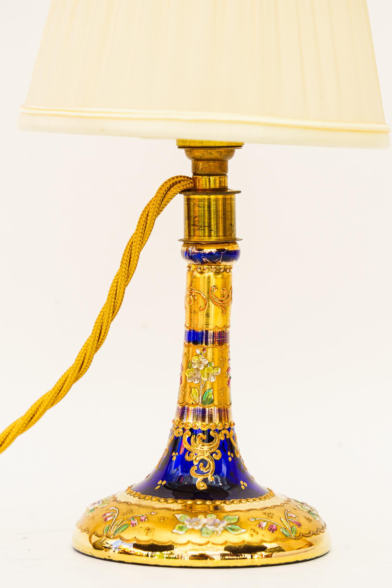 Austrian Art Deco painted glass table lamp with fabric shade vienna around 1920s For Sale