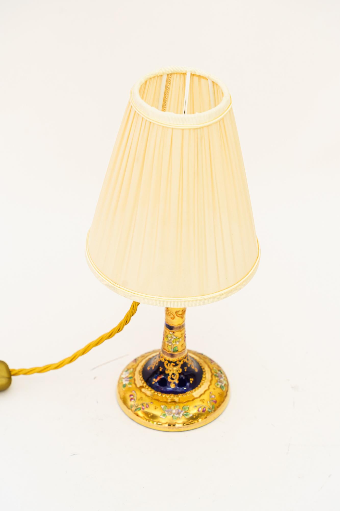 Painted Art Deco painted glass table lamp with fabric shade vienna around 1920s For Sale
