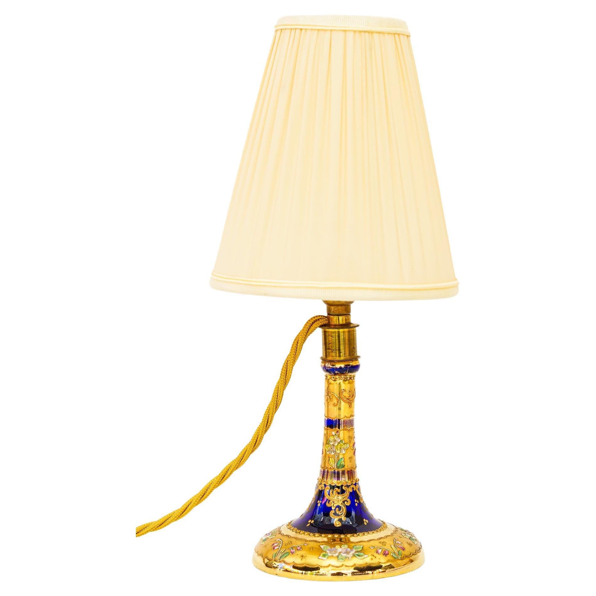 Art Deco painted glass table lamp with fabric shade vienna around 1920s