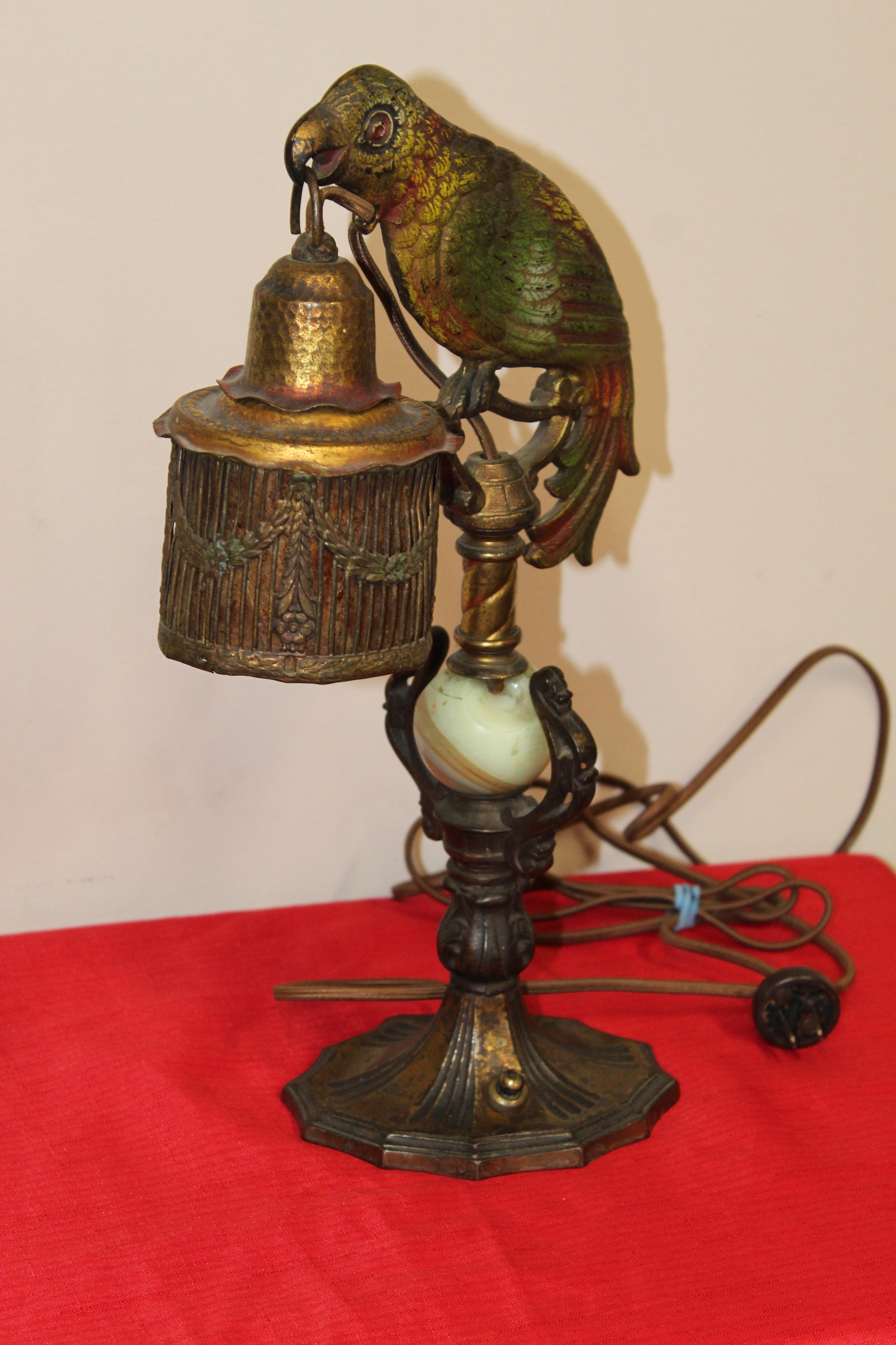 Art Deco Painted Parrot Lamps, circa 1920s In Fair Condition For Sale In Orange, CA