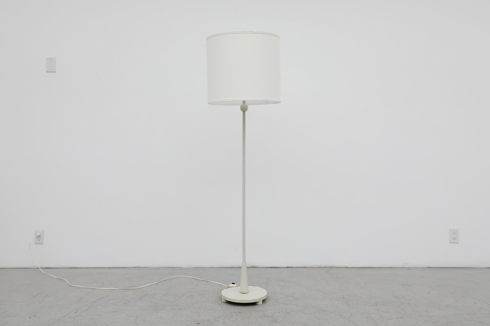 Dutch Art Deco White Painted Wood Floor Lamp w/ Carved Details and New Linen Shade For Sale