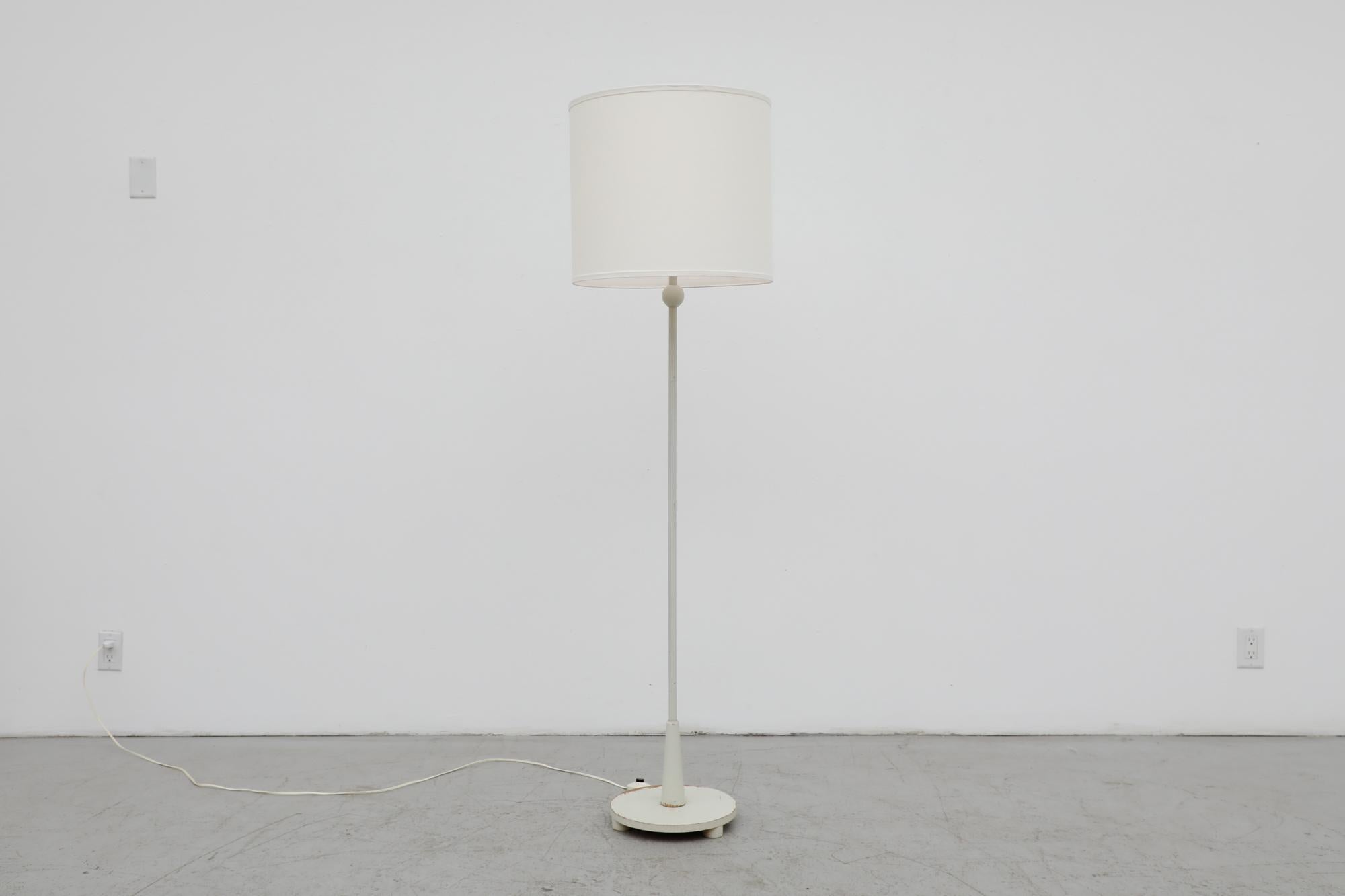Metal Art Deco White Painted Wood Floor Lamp w/ Carved Details and New Linen Shade For Sale