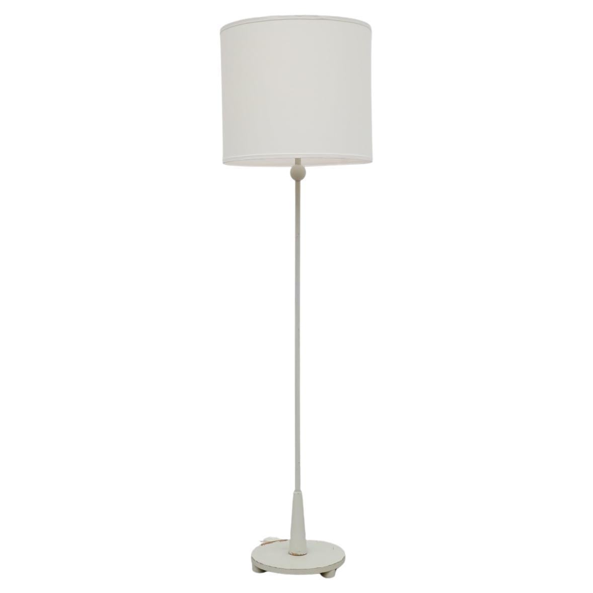 Art Deco White Painted Wood Floor Lamp w/ Carved Details and New Linen Shade For Sale