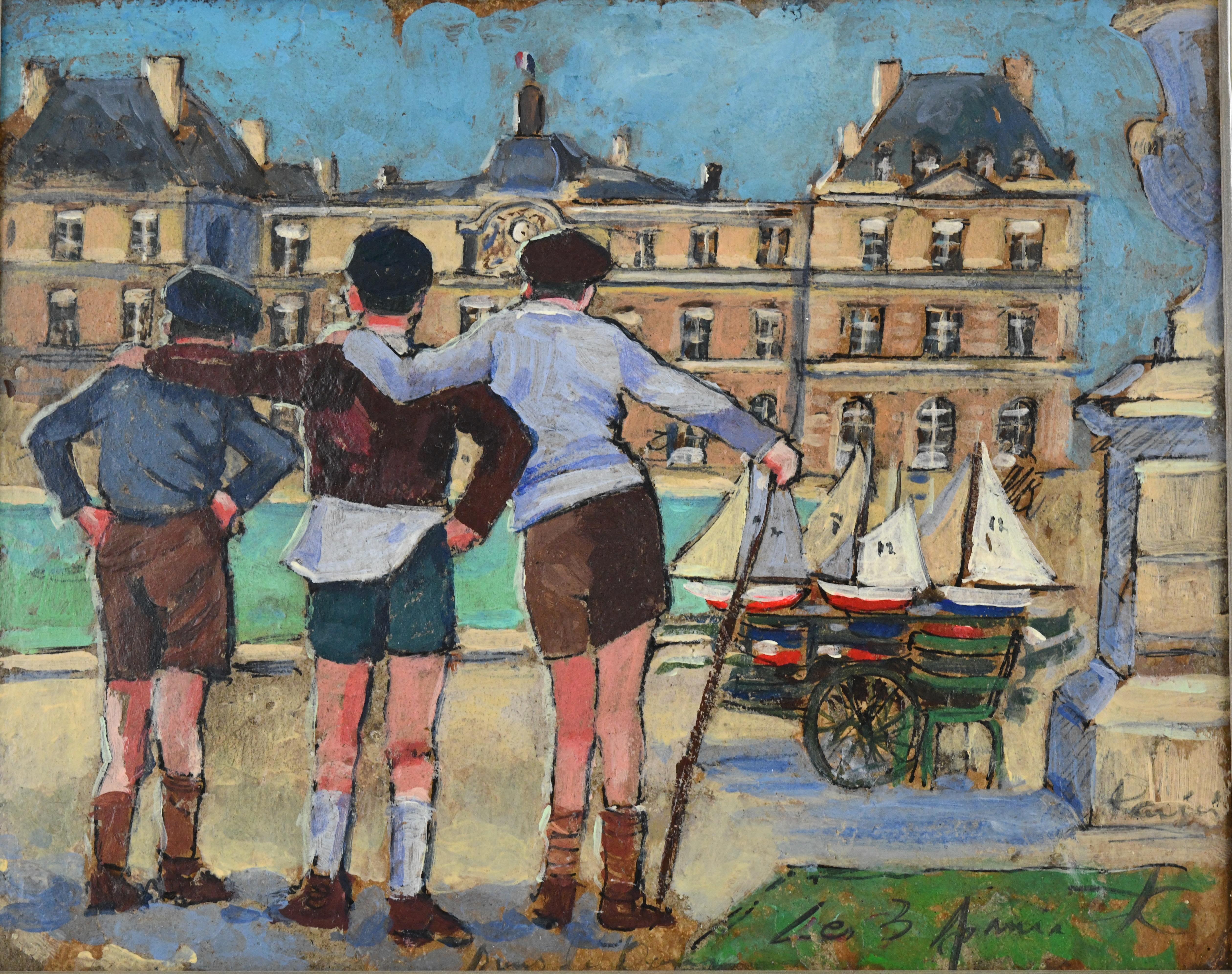 Art Deco painting 3 friends with boats at Palais du Luxembourg Paris by Christiane Caillotin
Title: Les 3 amis. Monogrammed. France 1940.
Acrylic paint on board. 
Framed. 
	
Christiane CAILLOTIN 
French 20th century painter, born in Coye la Forêt