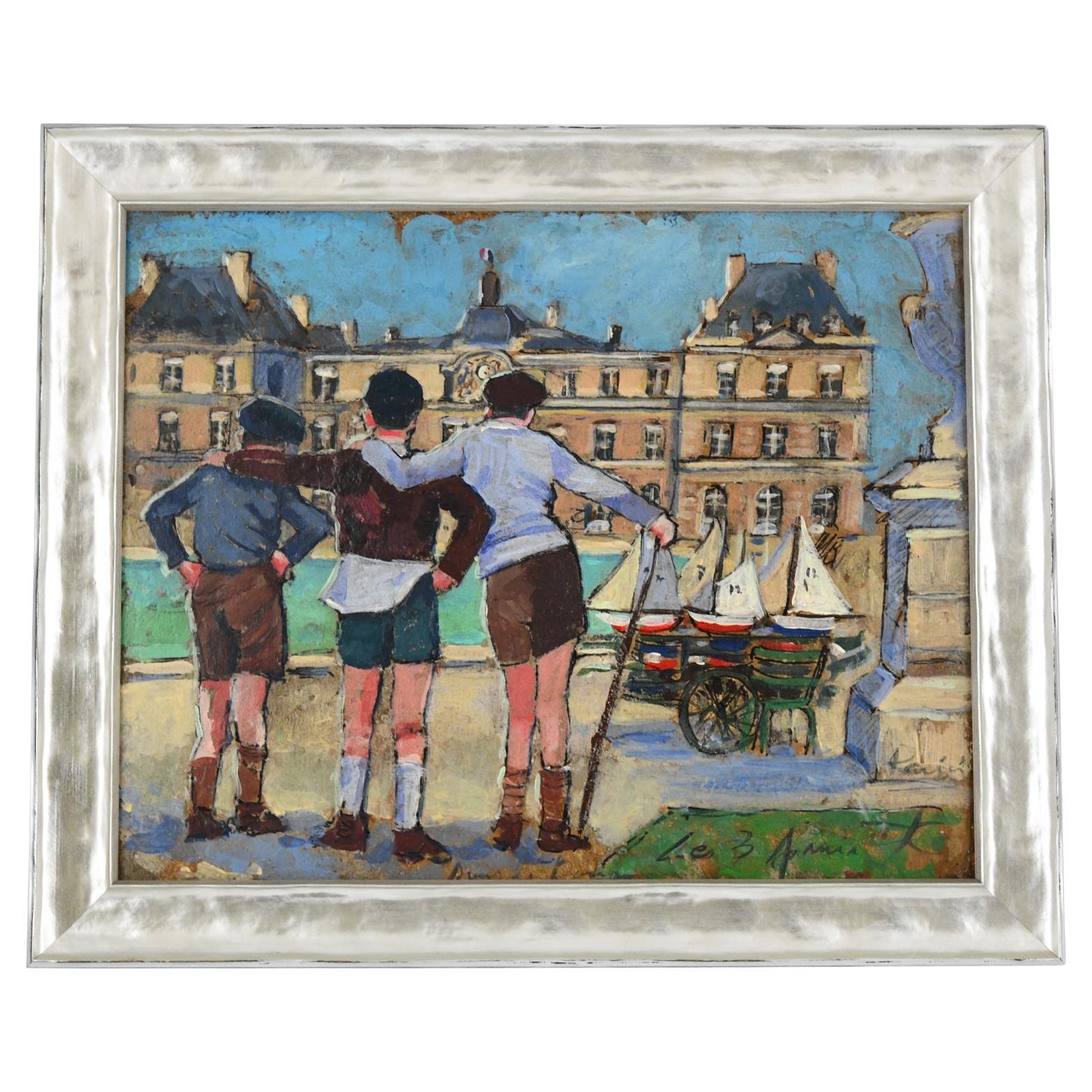 Art Deco painting 3 friends & boats at Palais du Luxembourg Christiane Caillotin For Sale