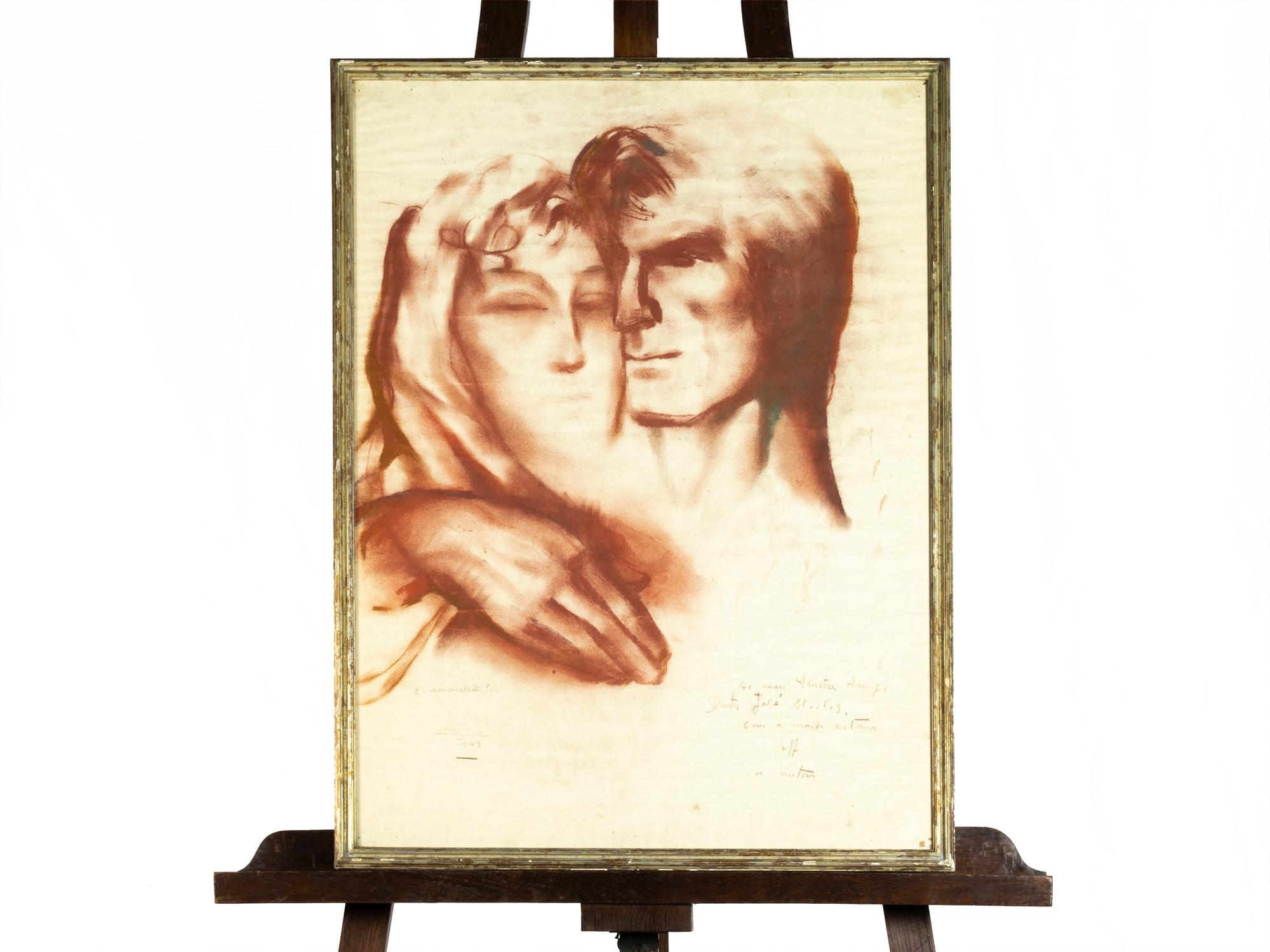 A couple's love scene.
A pastel and charcoal painting on paper. 
1949 ‘Maria Adelaide de Lima Cruz’  signed and with a dedication by the Artist.
Mounted in frame with glass.

Maria Adelaide de Lima Cruz, was a rare Portuguese Art Deco painter with a