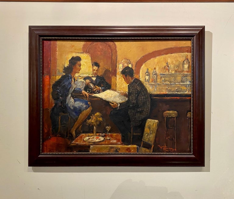 Art Deco Painting by Guinegault "in a Bar" Oil on Canvas, 1945