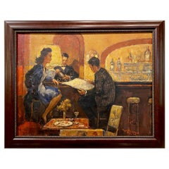 Art Deco Painting by Georges Guinegault "in a Bar" Oil on Canvas, 1945