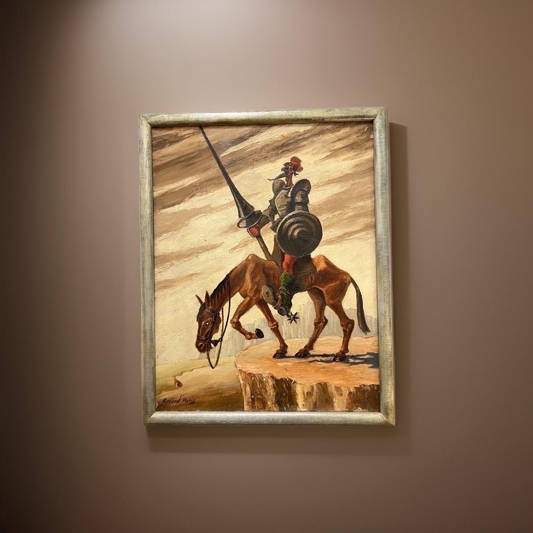 This piece depicts Don Quixote, in the novel by Miguel de Cervantes, Don Quixote, a knightly gentleman, sets out in search of adventures to the four corners of the world.

Signature: Roland Paris