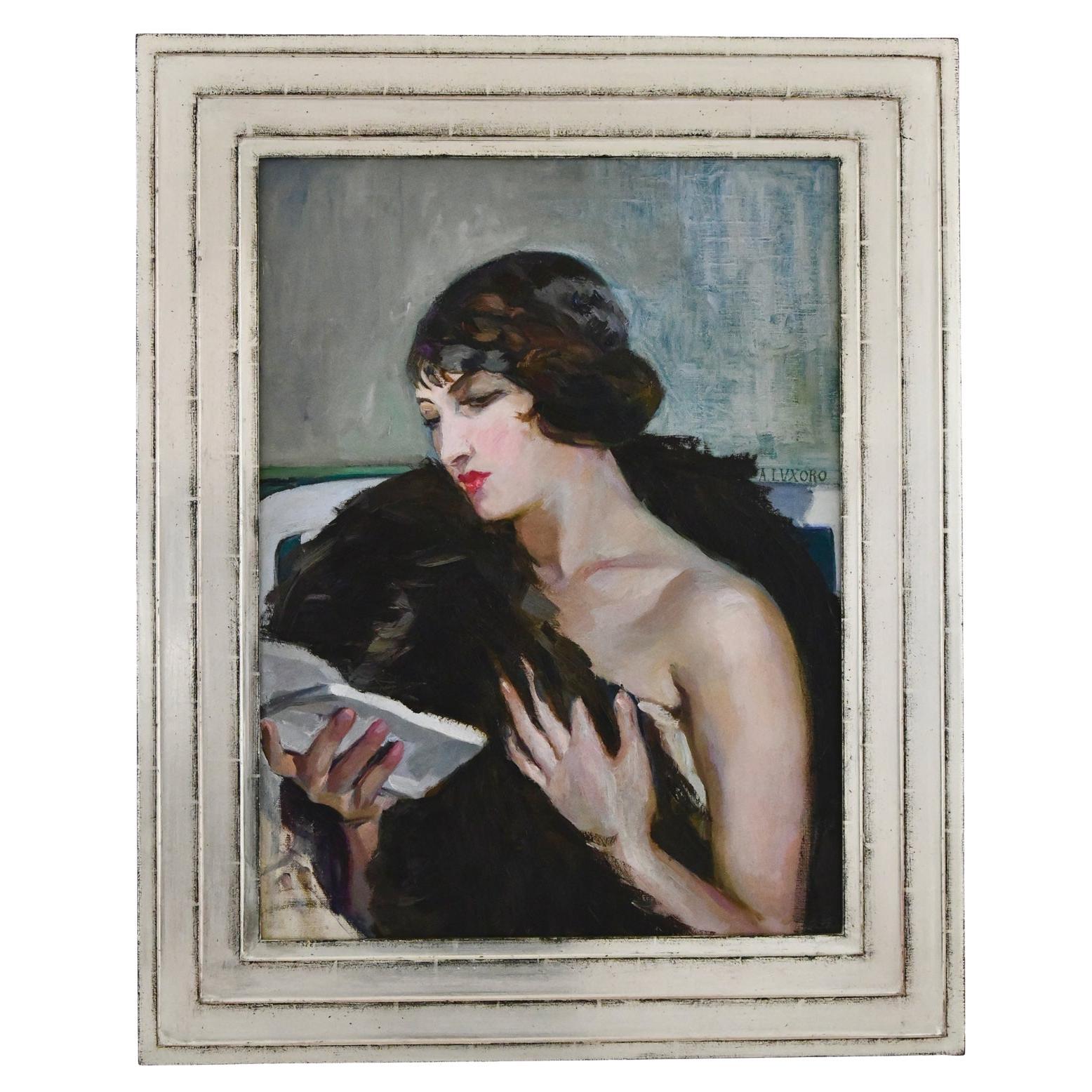 Art Deco Painting Elegant Lady with Book by Alfredo Luxoro, Italy For Sale