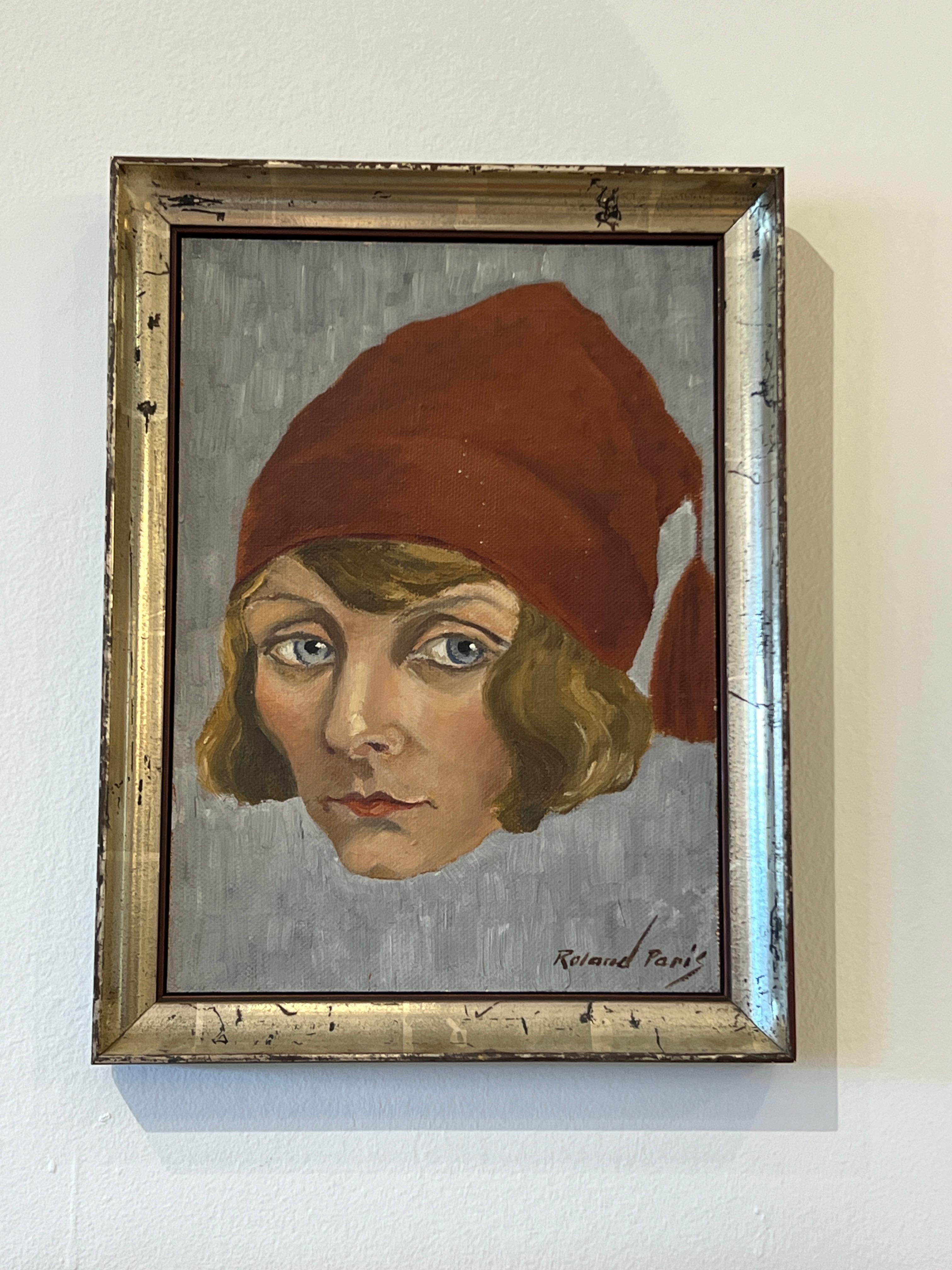 Huilé Peinture Art déco Elizabeth Paris avec chapeau rouge de Roland Paris en vente