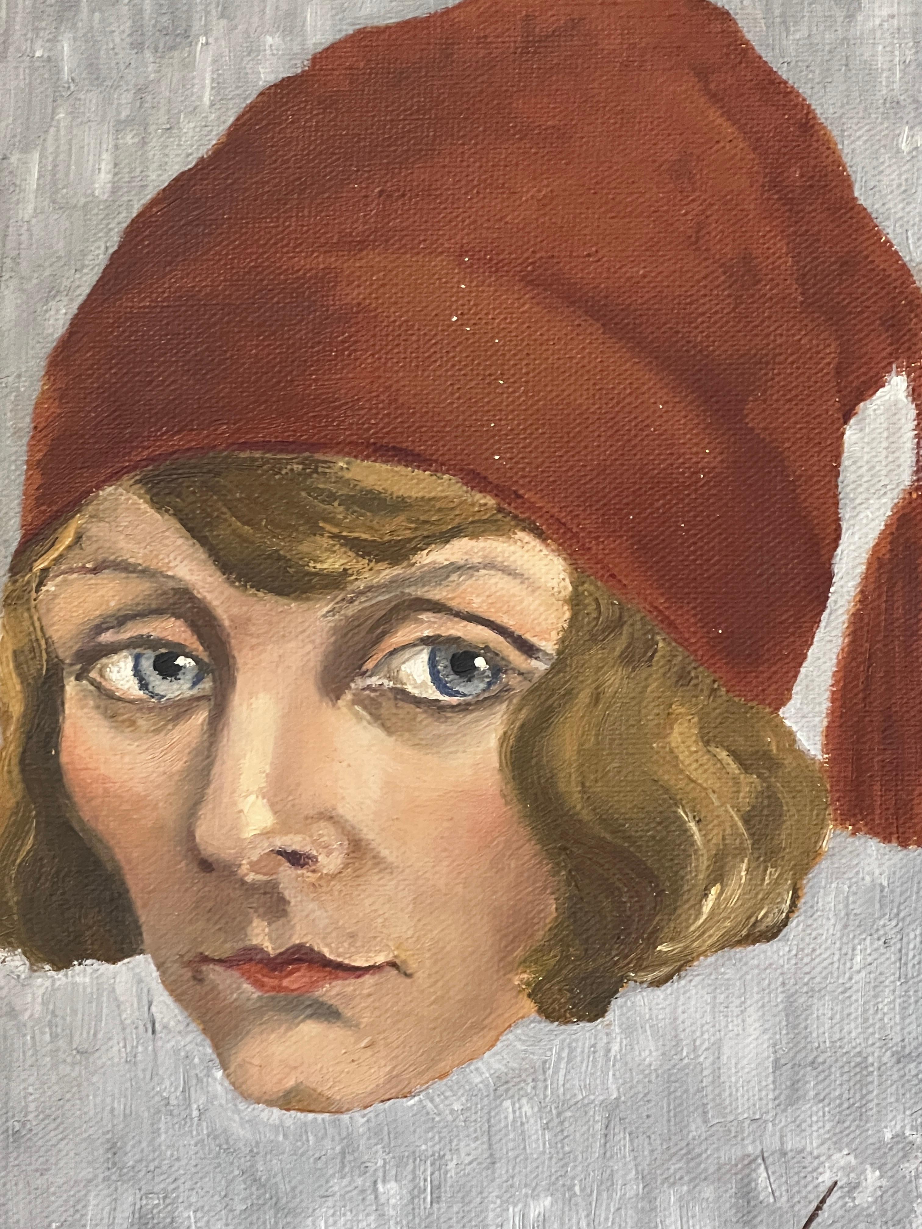 20ième siècle Peinture Art déco Elizabeth Paris avec chapeau rouge de Roland Paris en vente