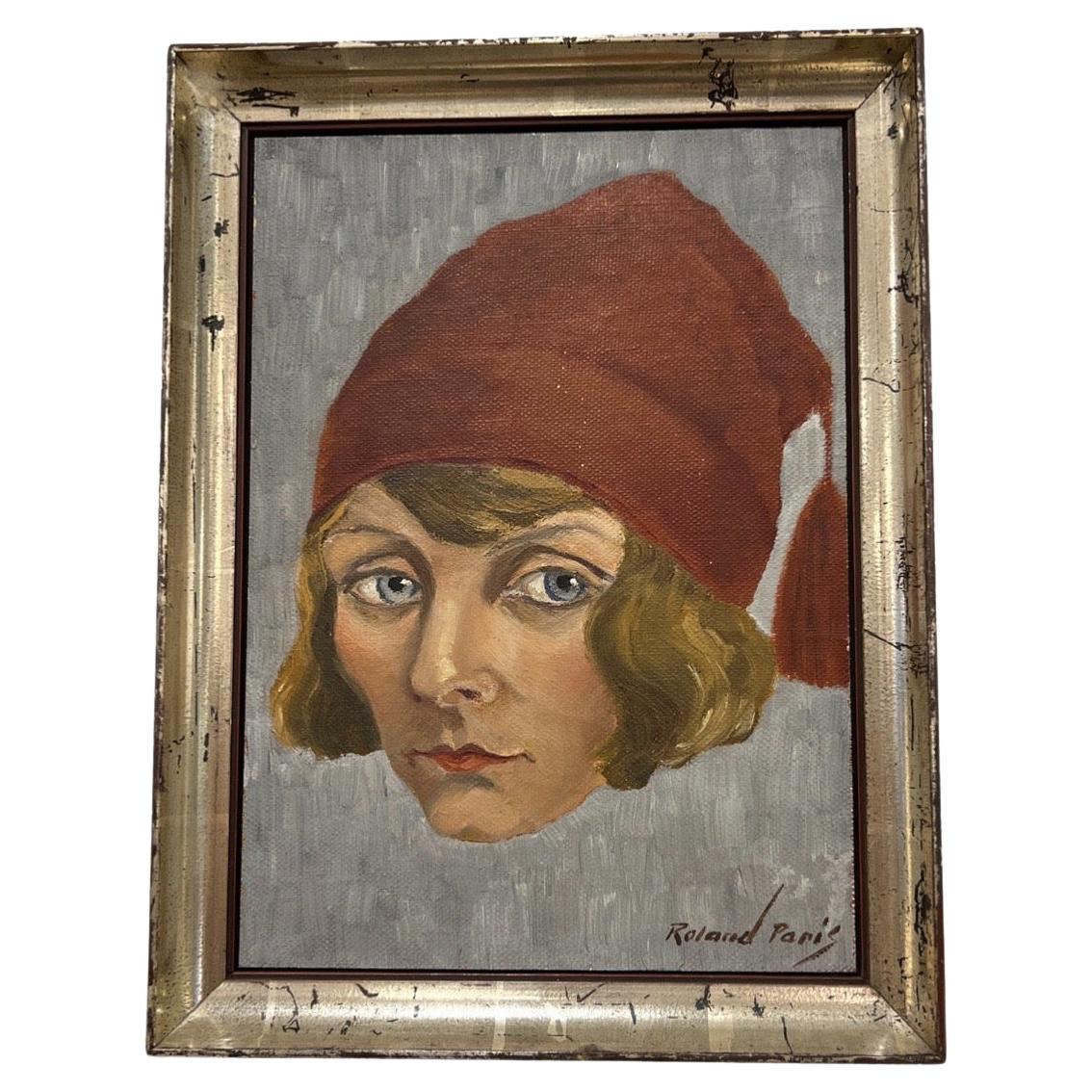 Peinture Art déco Elizabeth Paris avec chapeau rouge de Roland Paris en vente