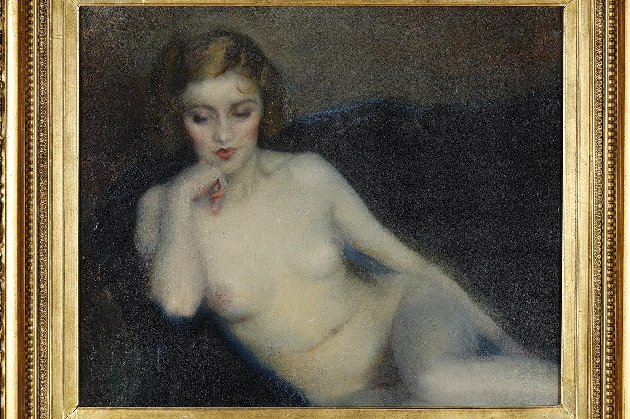 Huilé École française des années 1930, peinture Art déco « Femme nue » en vente