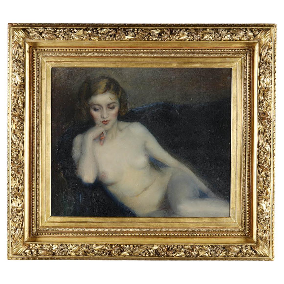 École française des années 1930, peinture Art déco « Femme nue » en vente