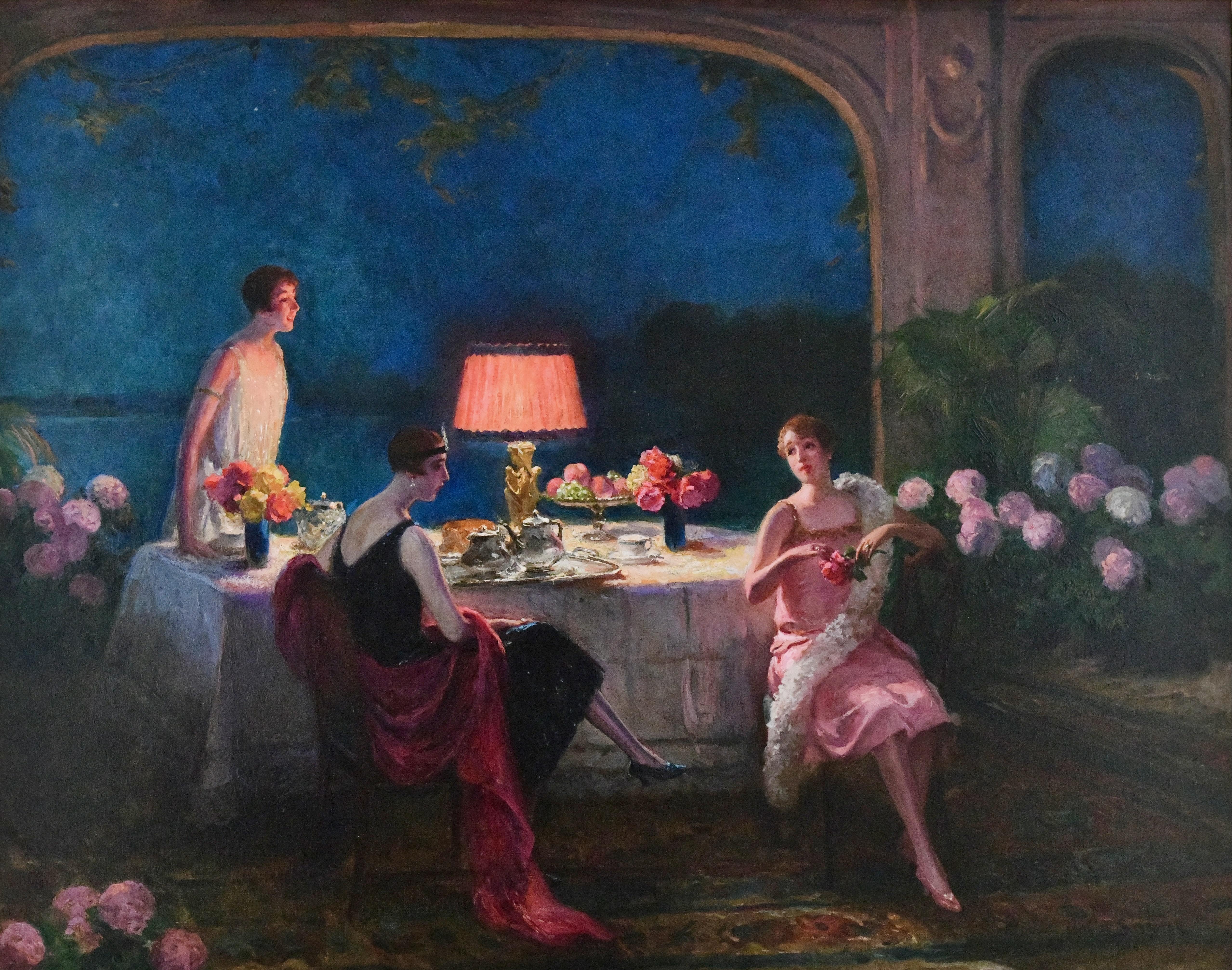 Art Deco painting interior with ladies at teatime by Louis Marie de Schryver. 
Dated 1928
On the back of the painting is written in French: Le thé
and Louis de Schryver Fev. 1928. 
Oil on canvas. 
Handmade gold leaf frame by Gehring &