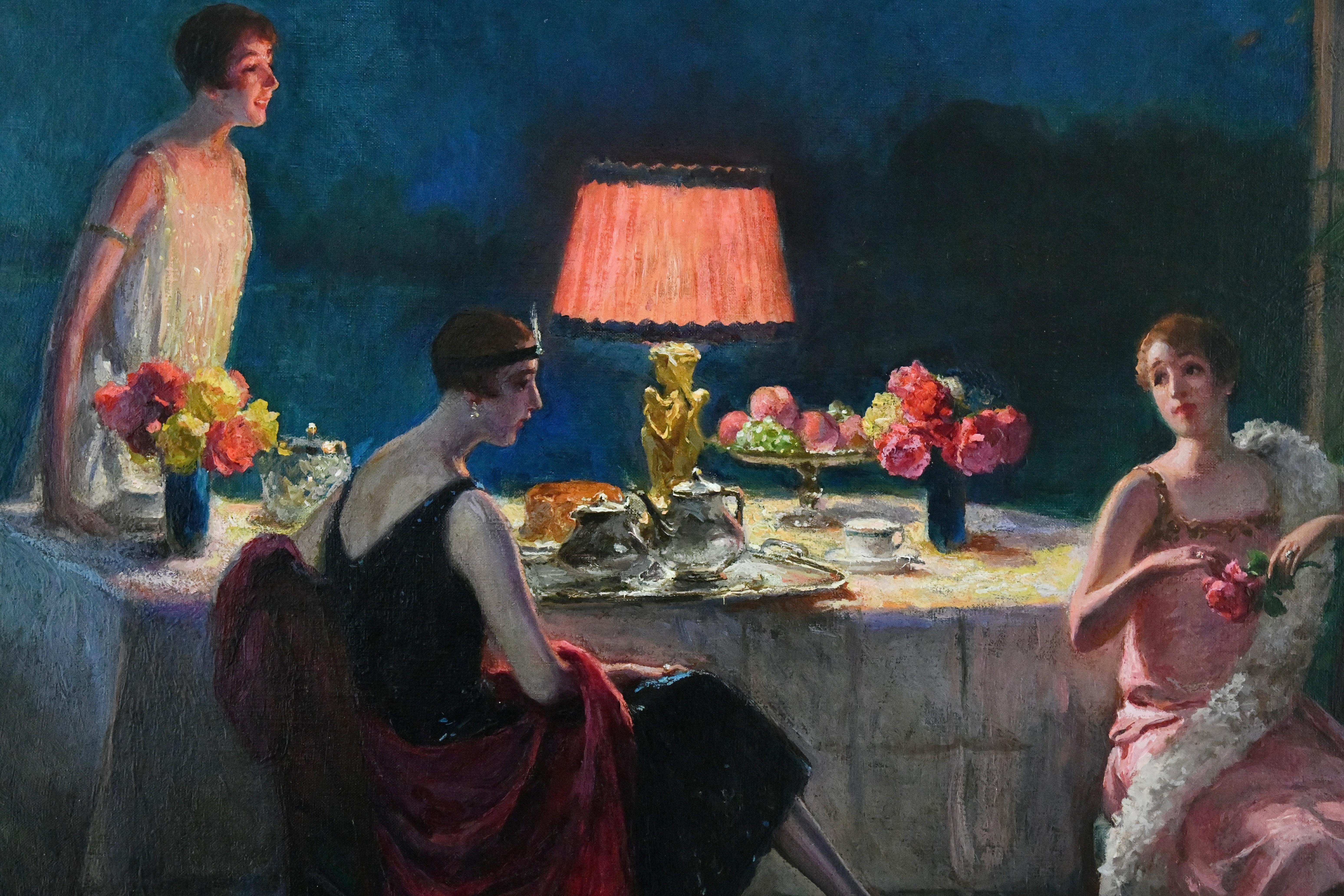 Art déco-Gemälde von Louis Marie de Schryver, Inneneinrichtungsgemälde von Damen zu Teezeit im Art déco-Stil, 1928 (Frühes 20. Jahrhundert) im Angebot