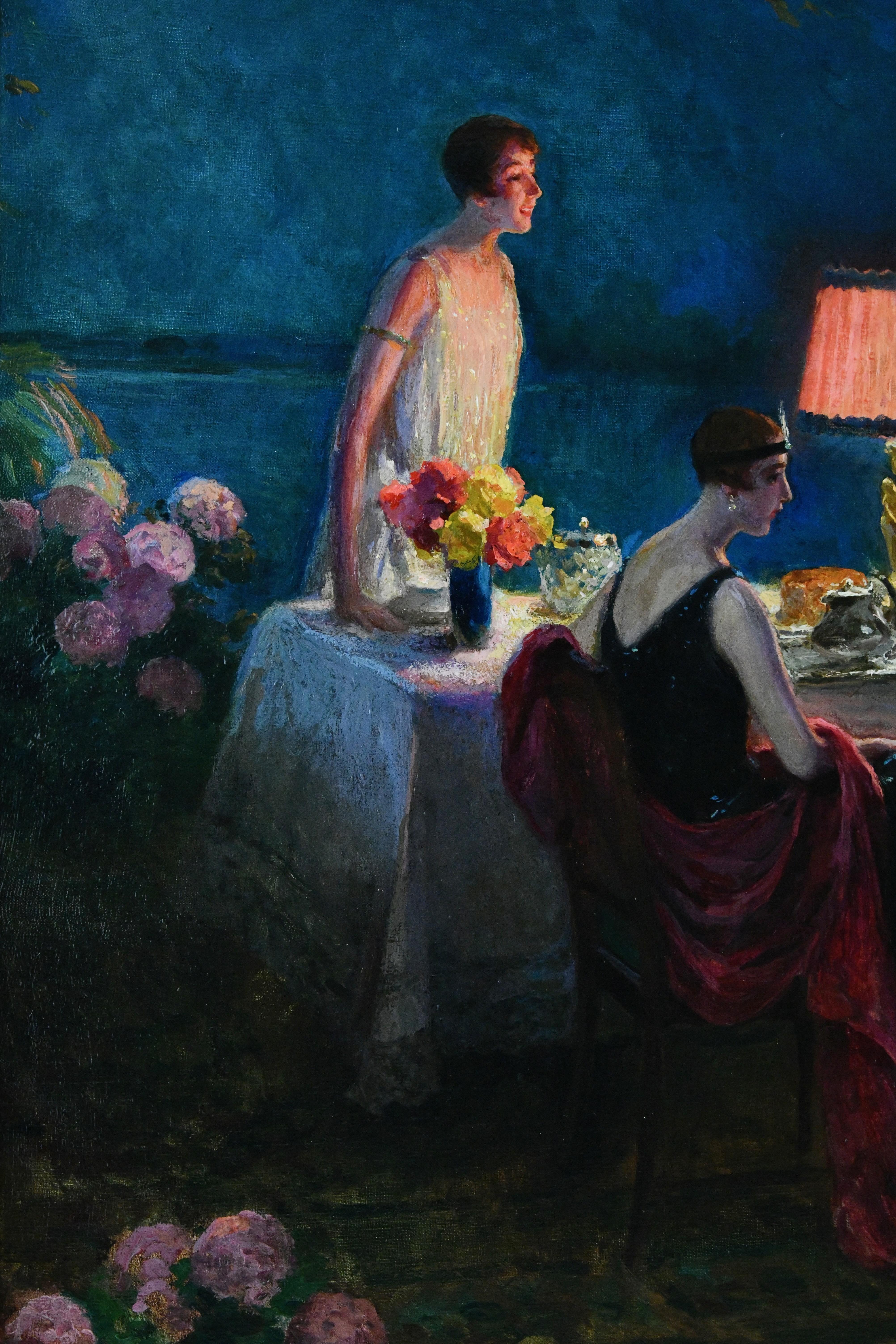 Art déco-Gemälde von Louis Marie de Schryver, Inneneinrichtungsgemälde von Damen zu Teezeit im Art déco-Stil, 1928 (Farbe) im Angebot
