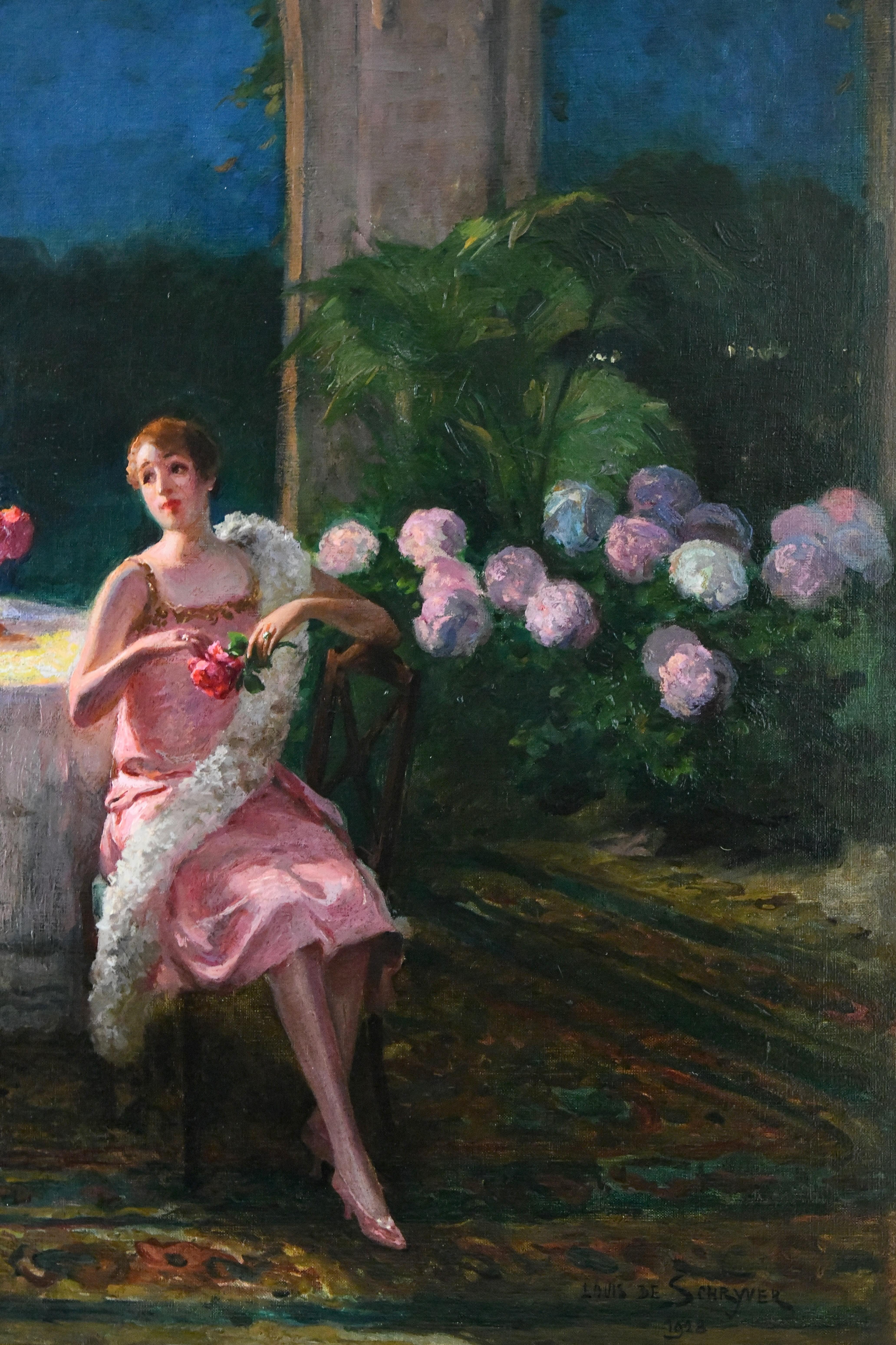 Début du 20ème siècle Peinture d'intérieur Art Déco pour dames au moment du thé par Louis Marie de Schryver 1928 en vente
