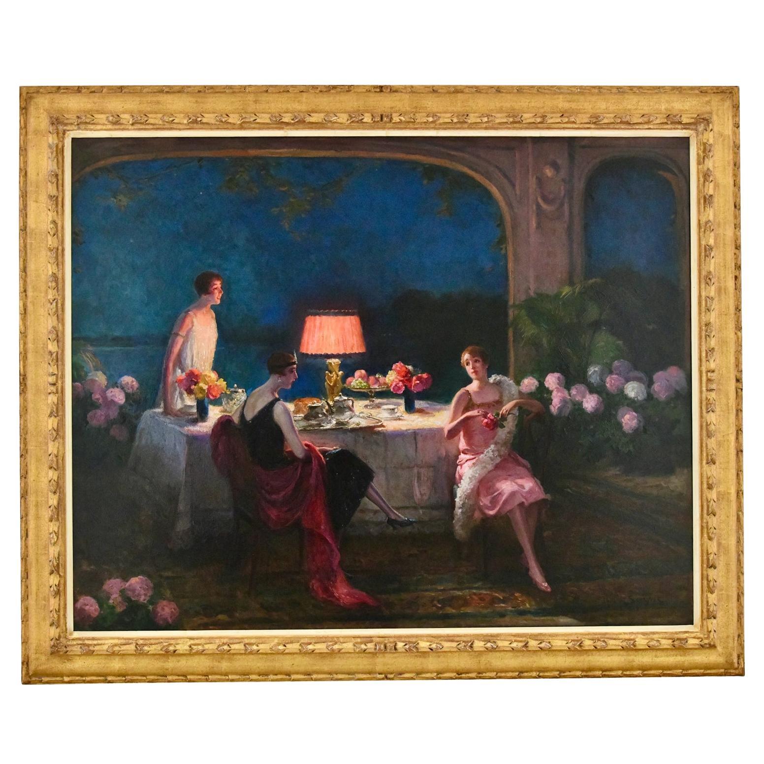 Art déco-Gemälde von Louis Marie de Schryver, Inneneinrichtungsgemälde von Damen zu Teezeit im Art déco-Stil, 1928
