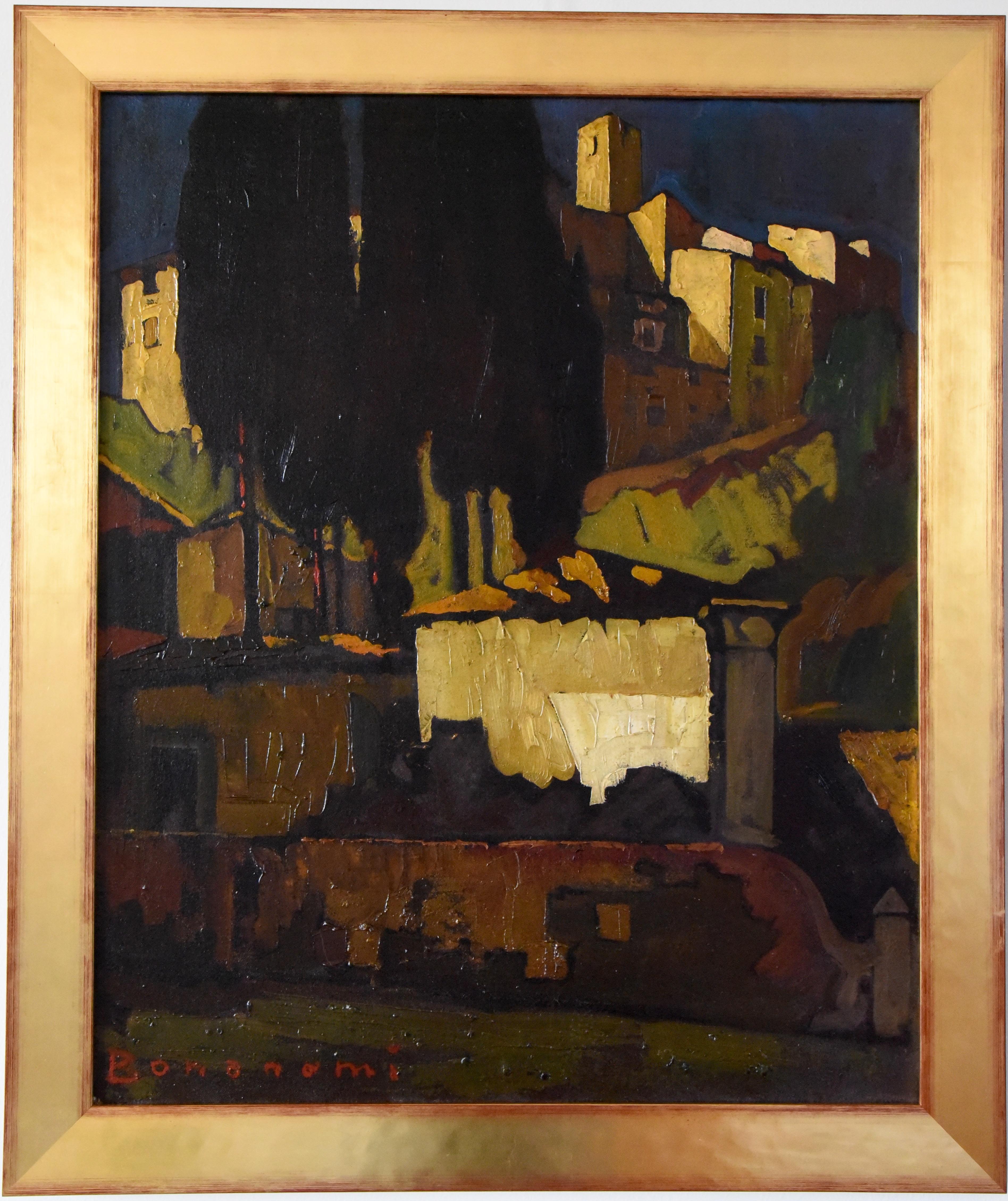 Beautiful Art Deco oil painting of a typical Italian village with cypresses by the artist Cesare Bonanomi, born in Piacenza, Italy in 1875.
Painter of portraits, genre scenes and landscapes.
Bonanomi exhibited in Paris at the Salons des Artistes
