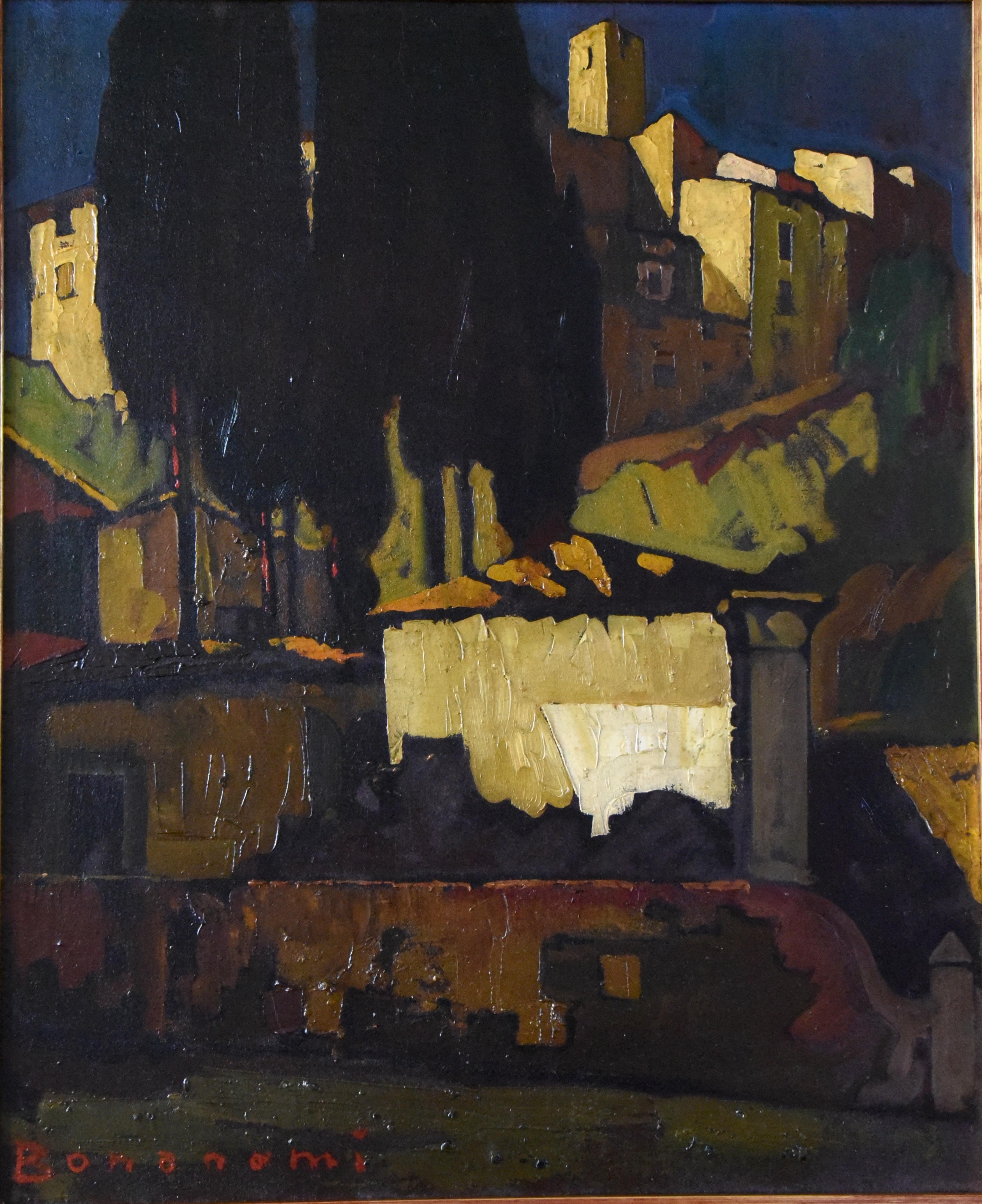 Art Deco Painting Italian Village Cesare Bonanomi 1930 In Good Condition In Antwerp, BE