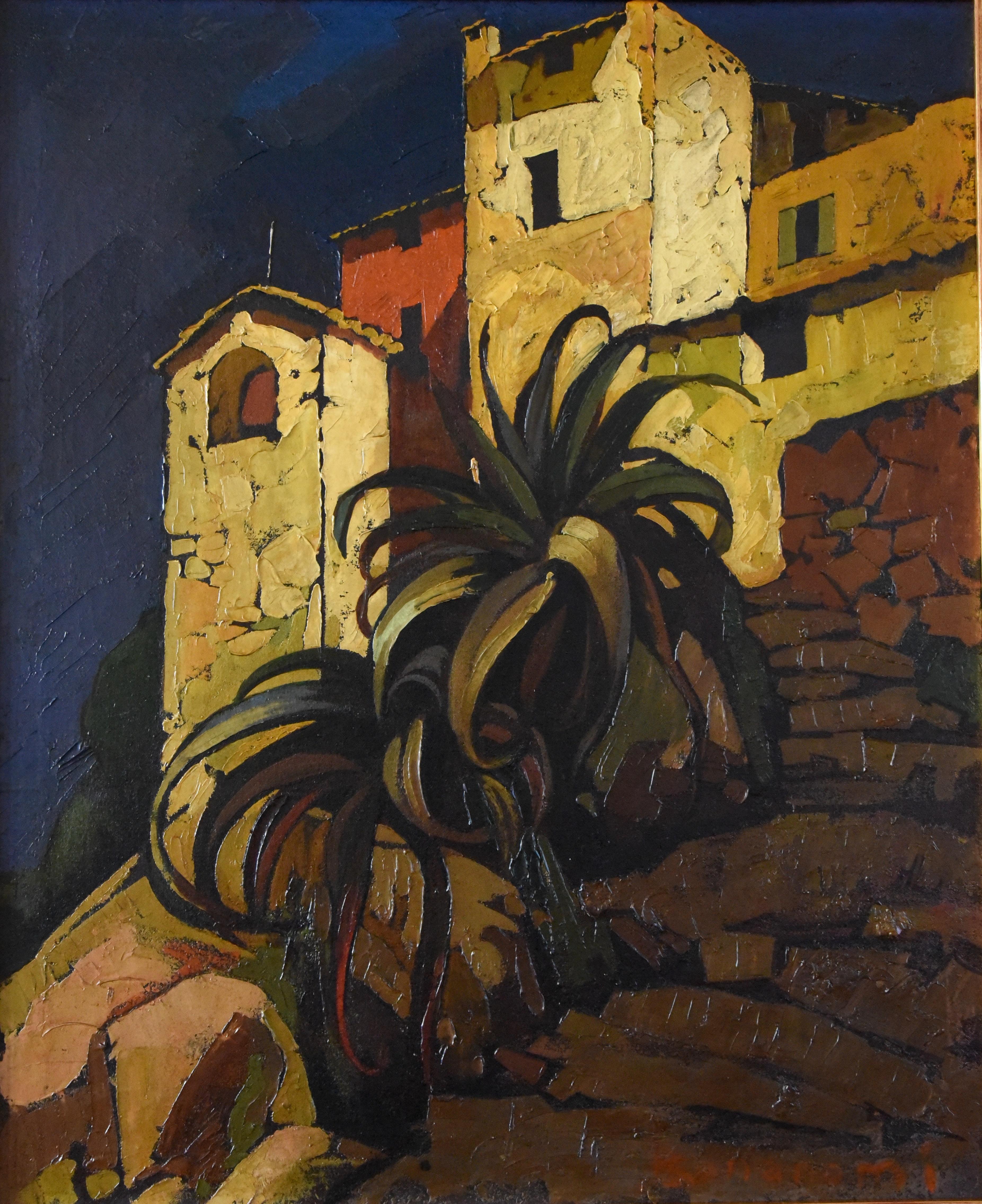 Beautiful Art Deco oil painting of a typical Italian village with palm trees by the artist Cesare Bonanomi, born in Piacenza, Italy in 1875.
Painter of portraits, genre scenes and landscapes.
Bonanomi exhibited in Paris at the Salons des Artistes