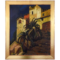 Art Deco painting Italian village with palm tree Cesare Bonanomi 1930