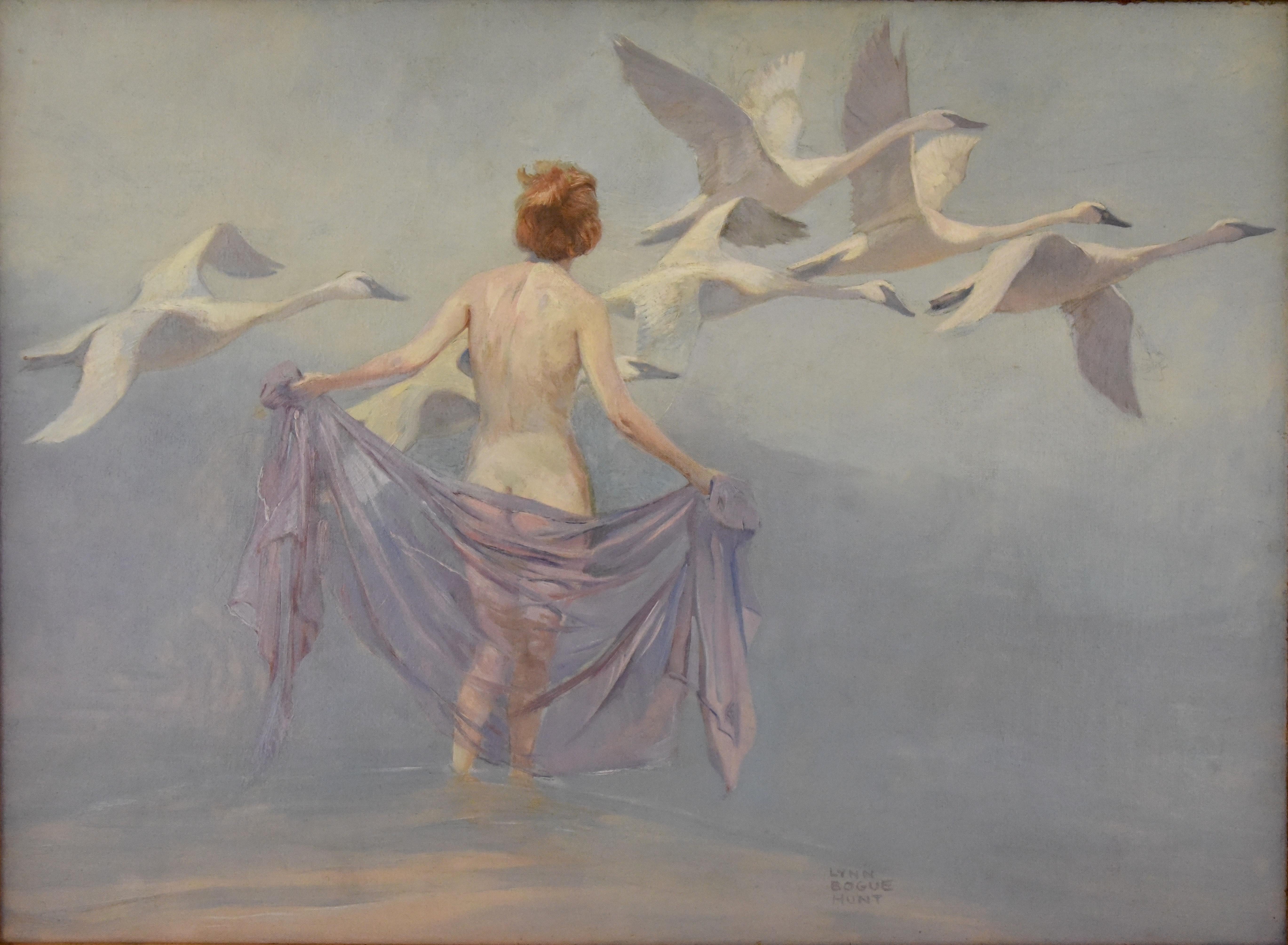 Nude with swans. 
Art Deco painting by the famous American artist Lynn Bogue Hunt. 
Oil on canvas, framed, circa 1920-1930.
Beautiful soft pastel shades. 
Provenance: Berko Gallery Fine arts.
Size of the frame: 
H. 65 cm x L. 85 cm. x. W. 4