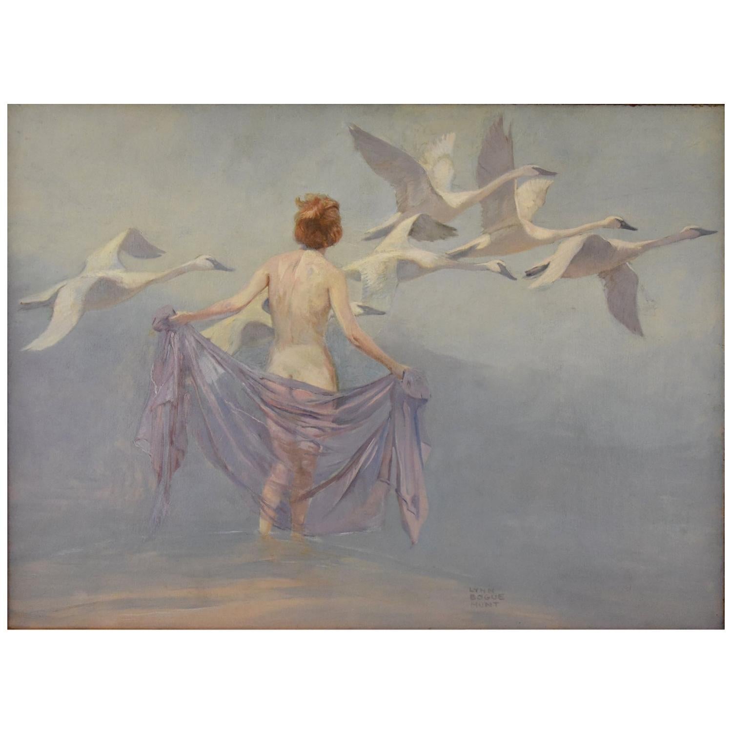 Art Deco Painting Nude with Swans by Lynn Bogue Hunt, 1930
