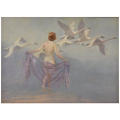 Art Deco Painting Nude with Swans by Lynn Bogue Hunt, 1930