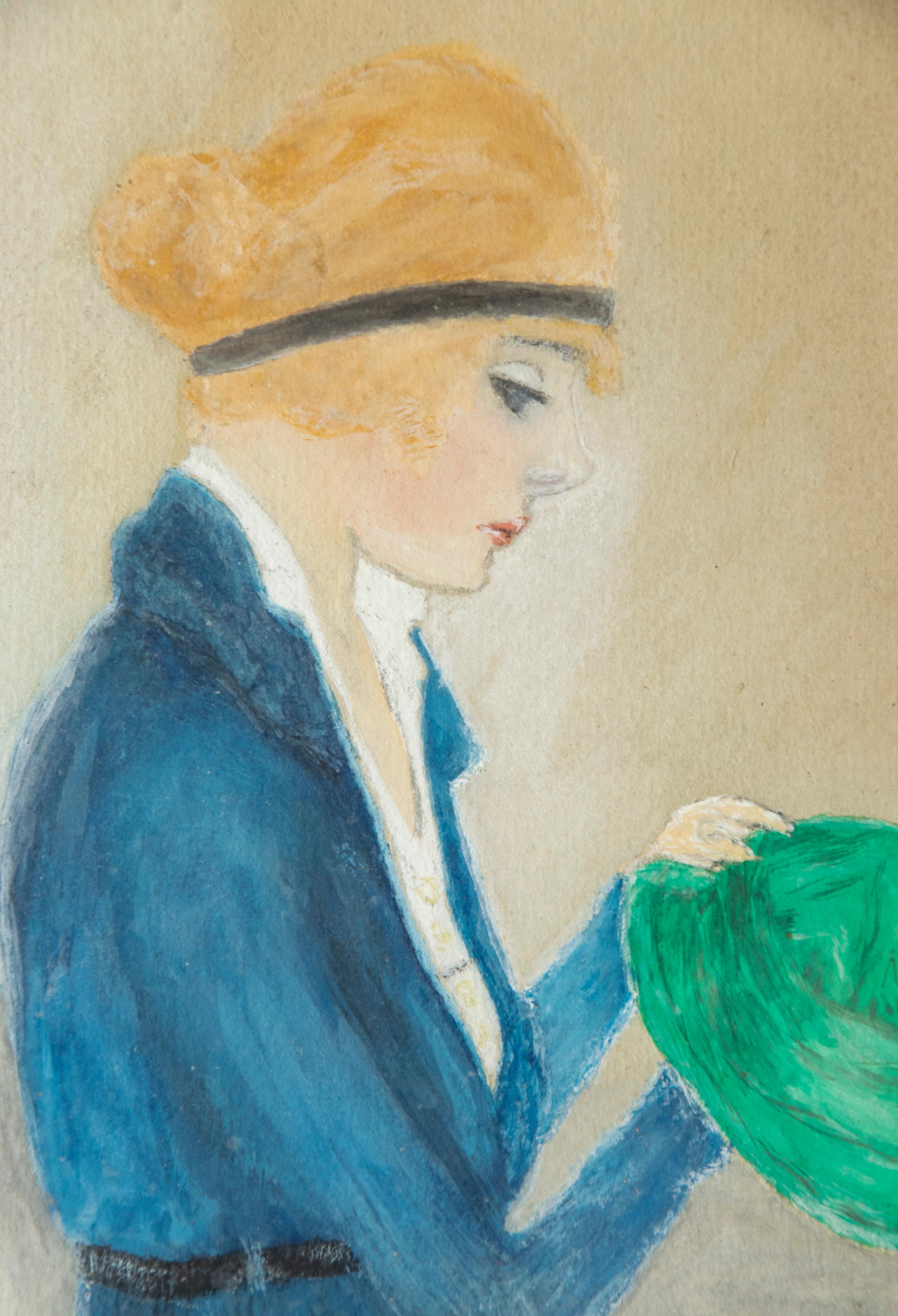 Peinture Art Déco d'une femme en robe bleue signée Menny Pitt, 1920 en vente 3