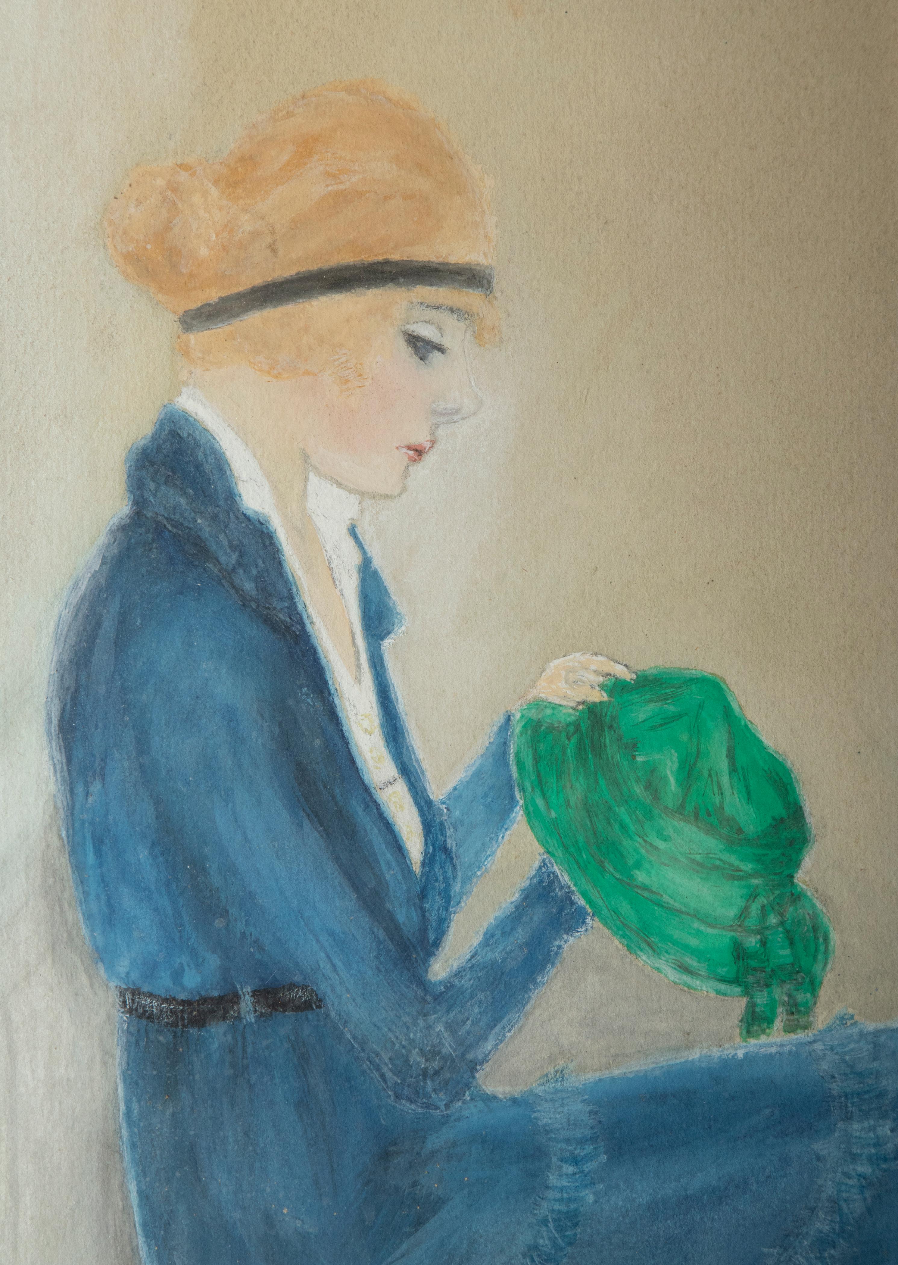 Peinture Art Déco d'une femme en robe bleue signée Menny Pitt, 1920 en vente 8