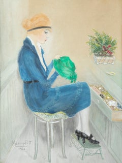 Art Deco Painting of a Woman in Blue Dress Signed Menny Pitt, 1920