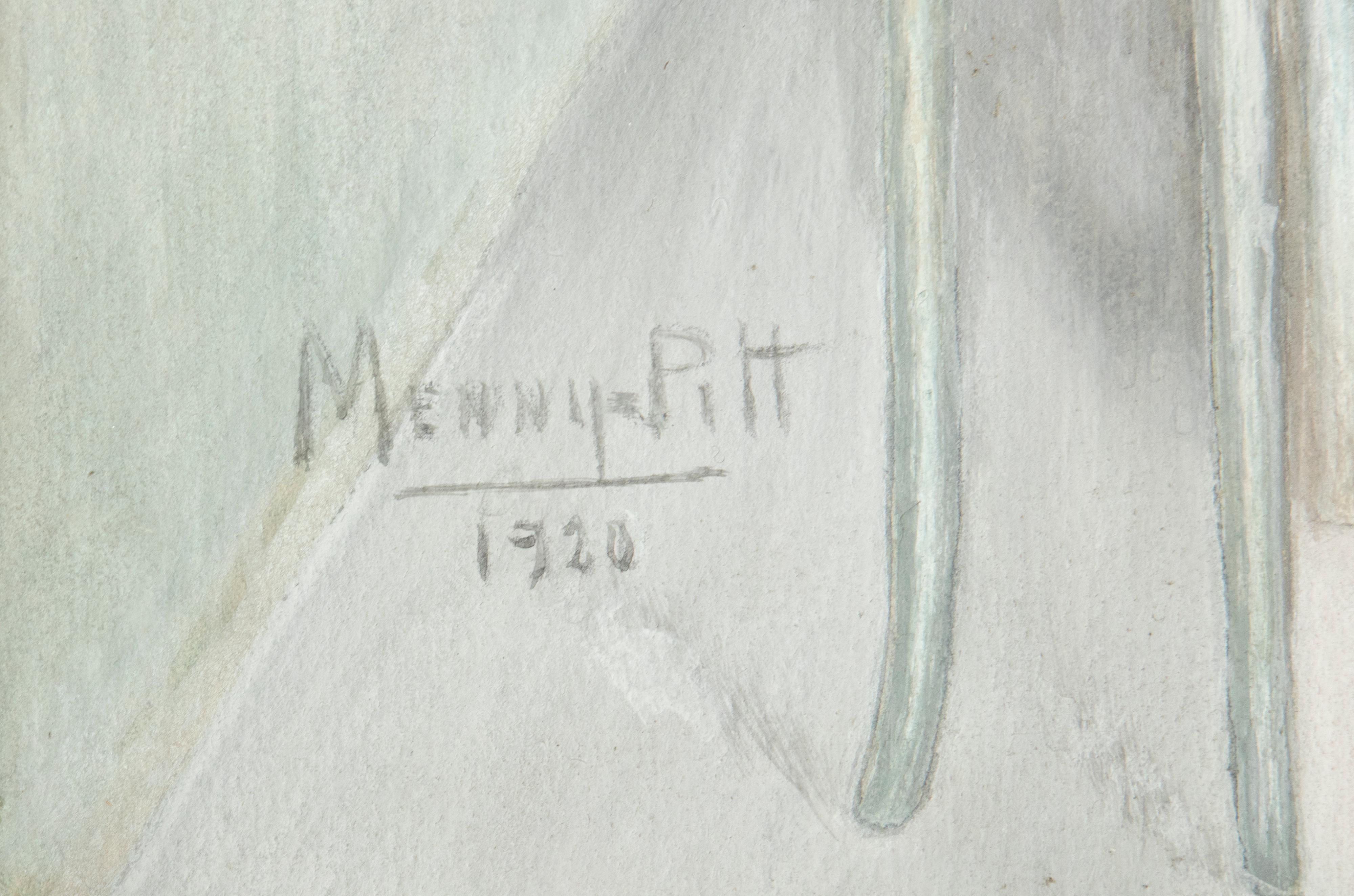 Peint à la main Peinture Art Déco d'une femme en robe bleue signée Menny Pitt, 1920 en vente