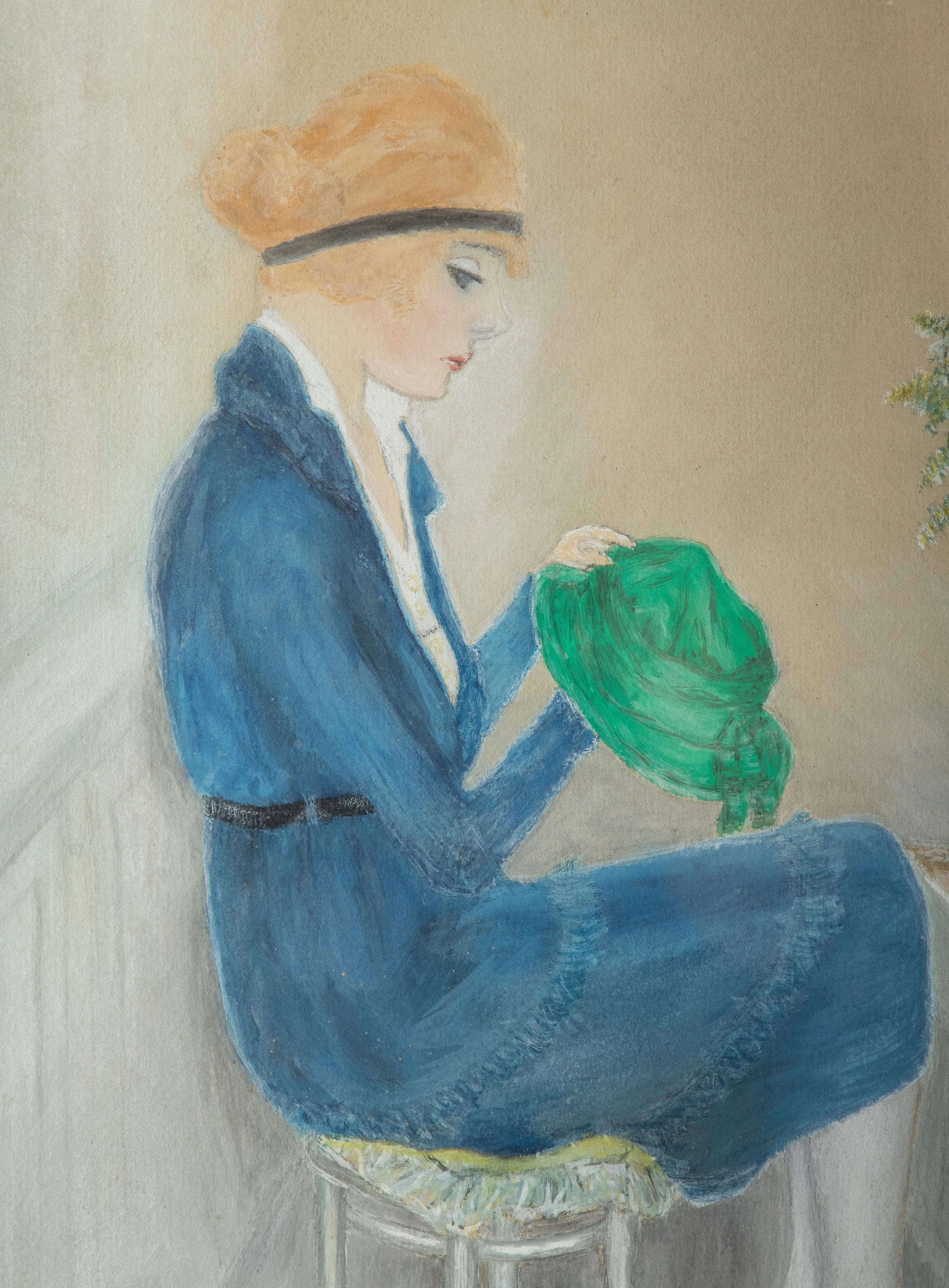 Peinture Art Déco d'une femme en robe bleue signée Menny Pitt, 1920 Bon état - En vente à Casteren, Noord-Brabant
