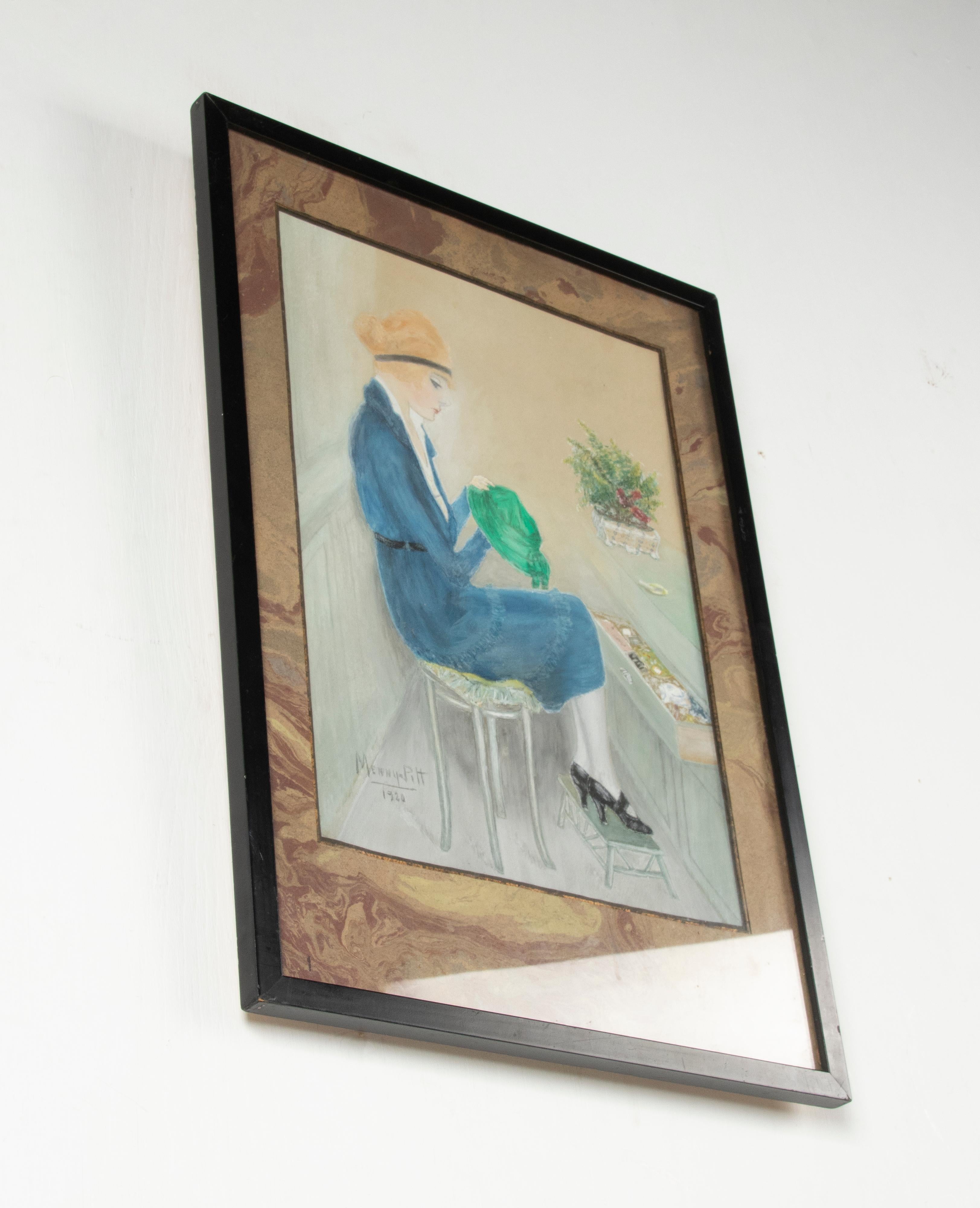 Art Deco Painting of a Woman in Blue Dress Signed Menny Pitt, 1920 For Sale 2